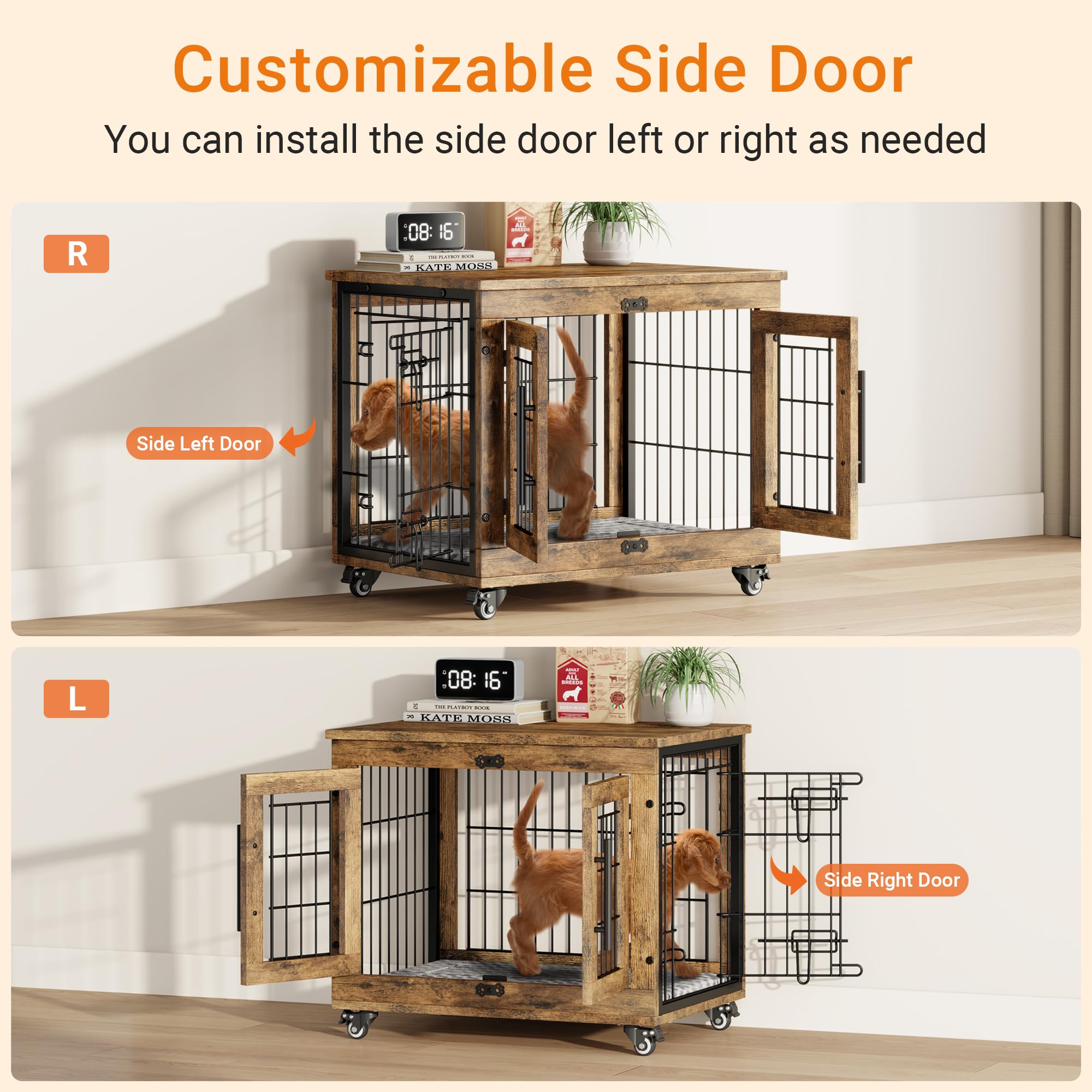 Lulive Small Dog Crate Furniture, Dog Kennel Indoor Double Doors Wooden Dog Cage, 27.1 Heavy Duty Dog Crate with Cushion & Whe