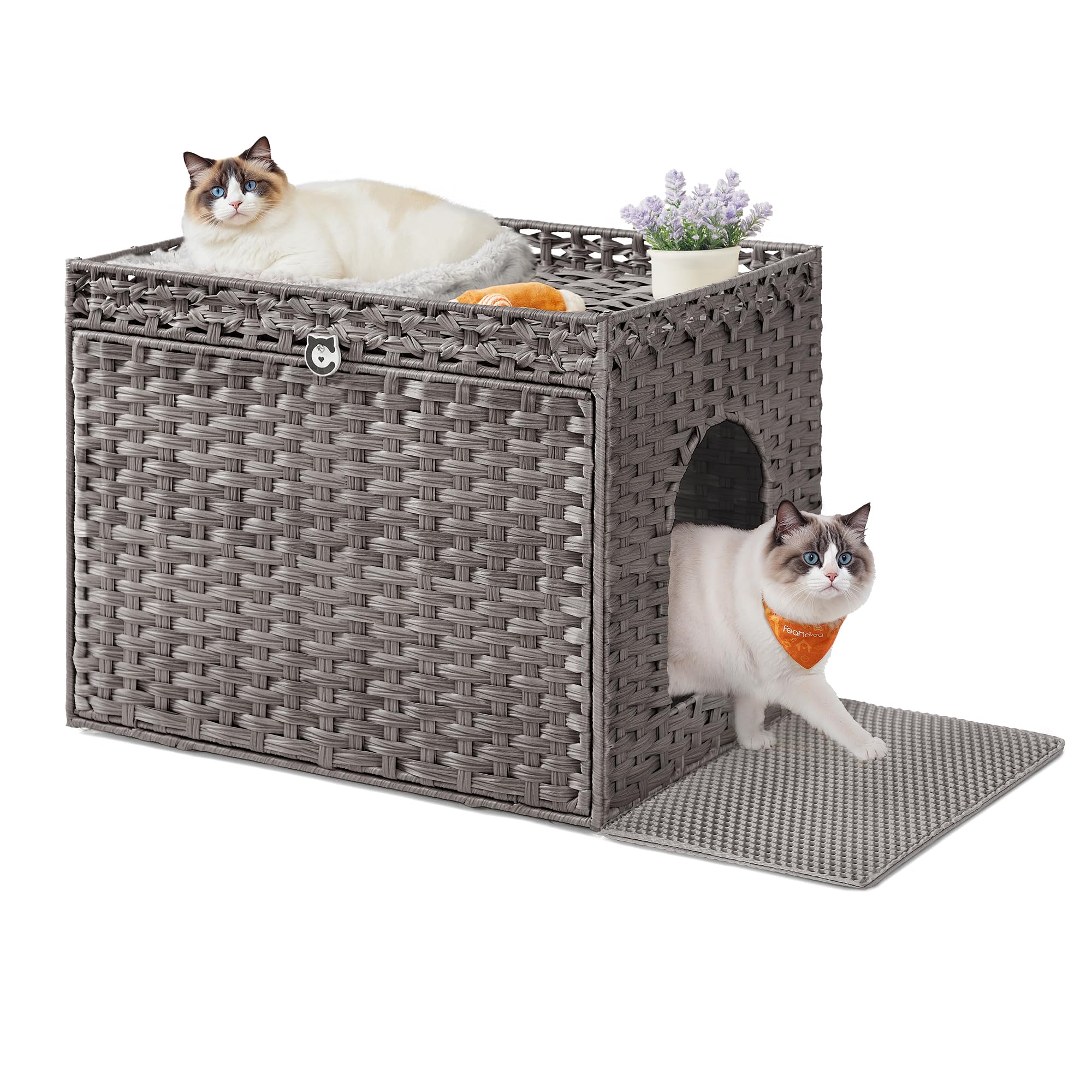 Feandrea Cat Litter Box Enclosure, Handwoven Rattan Hidden Litter Box Furniture with Extra Litter Mat, Removable Washable Tray, 