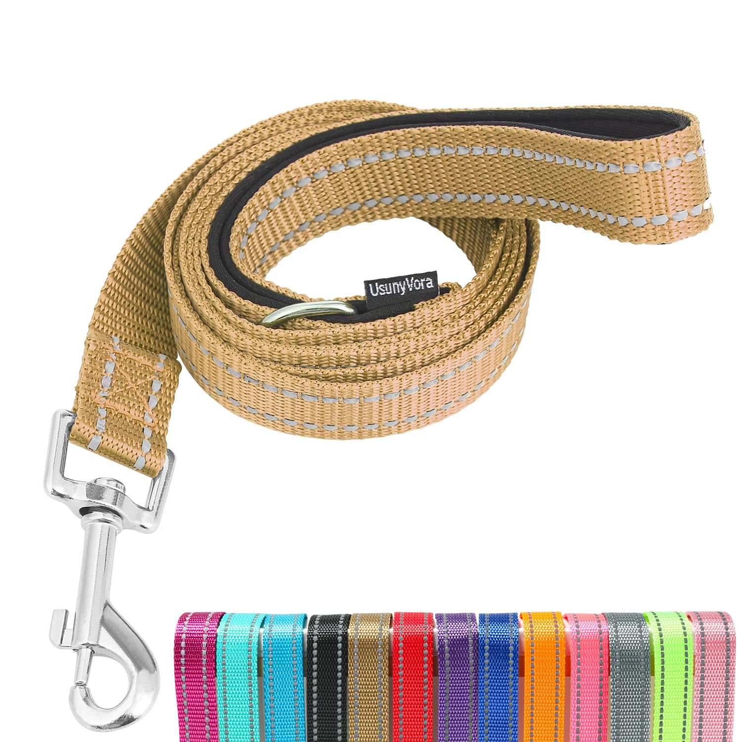 Usunyvora Reflective Nylon Dog Leash For Walking,Strong Dog Leash With Padded Handle For Small And Medium Dogs,6 Ft,Camel