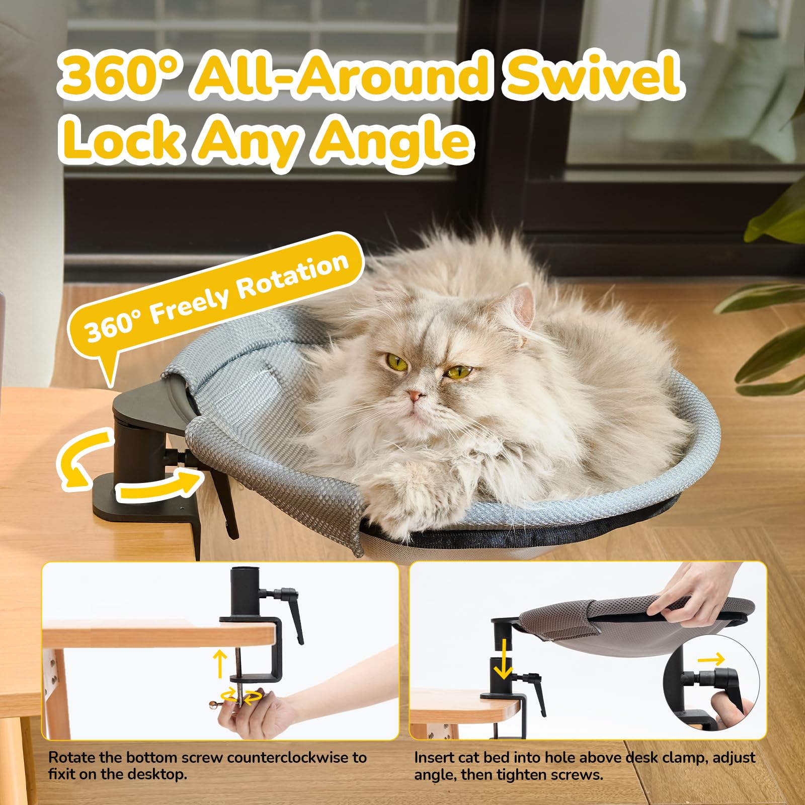 Cat Desk Bed - Desk Bed For Cats - 360 Rotation With 2 Different Washable Cat Bed Mat 14.96'' L X 14.17'' W, Pet Hammock Comfort