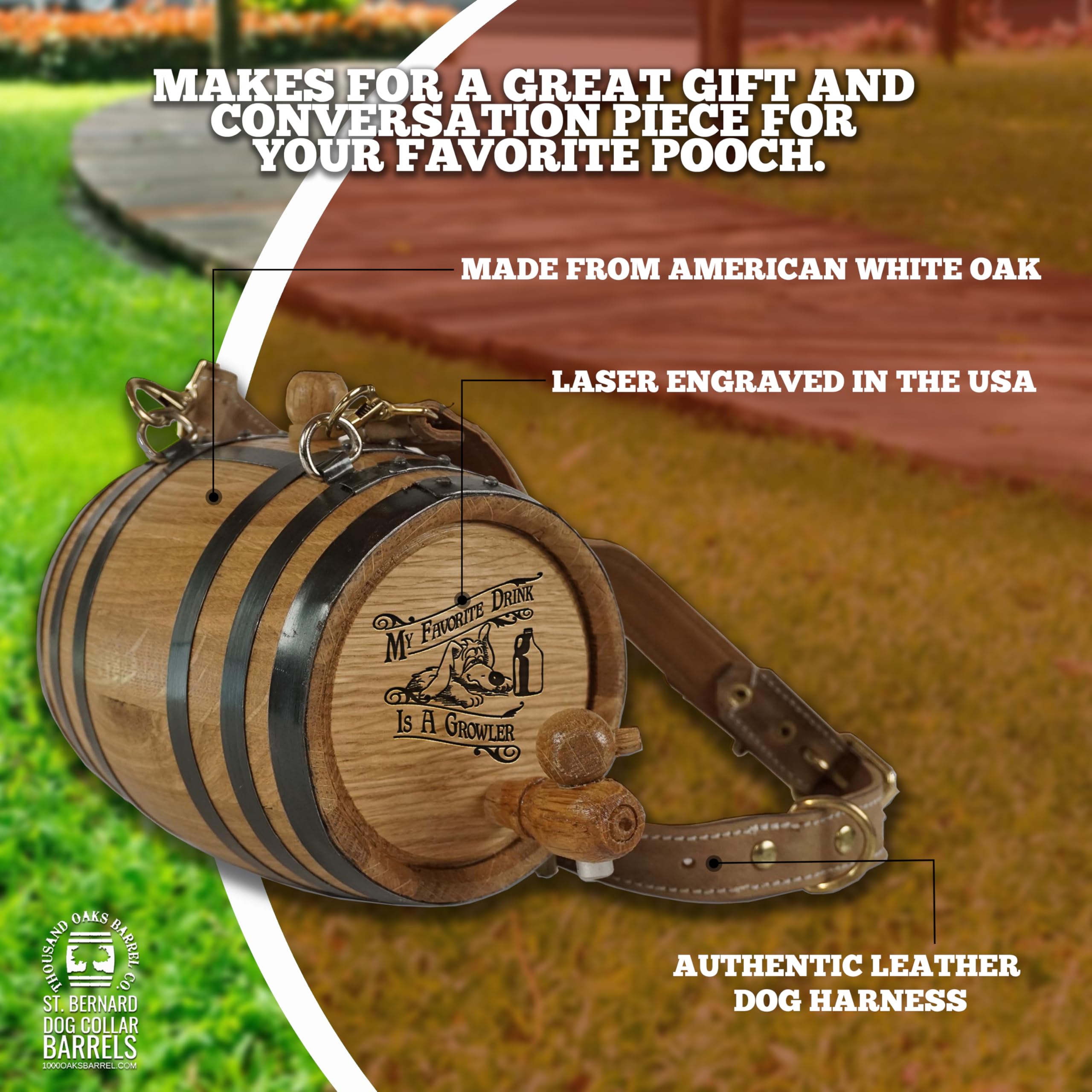 St Bernard Whiskey Barrel Collar For Dog, 'Favourite Drink Is A Growler' - 1/2 Liter Oak Aging Barrel Dispenser For Saint Bernar