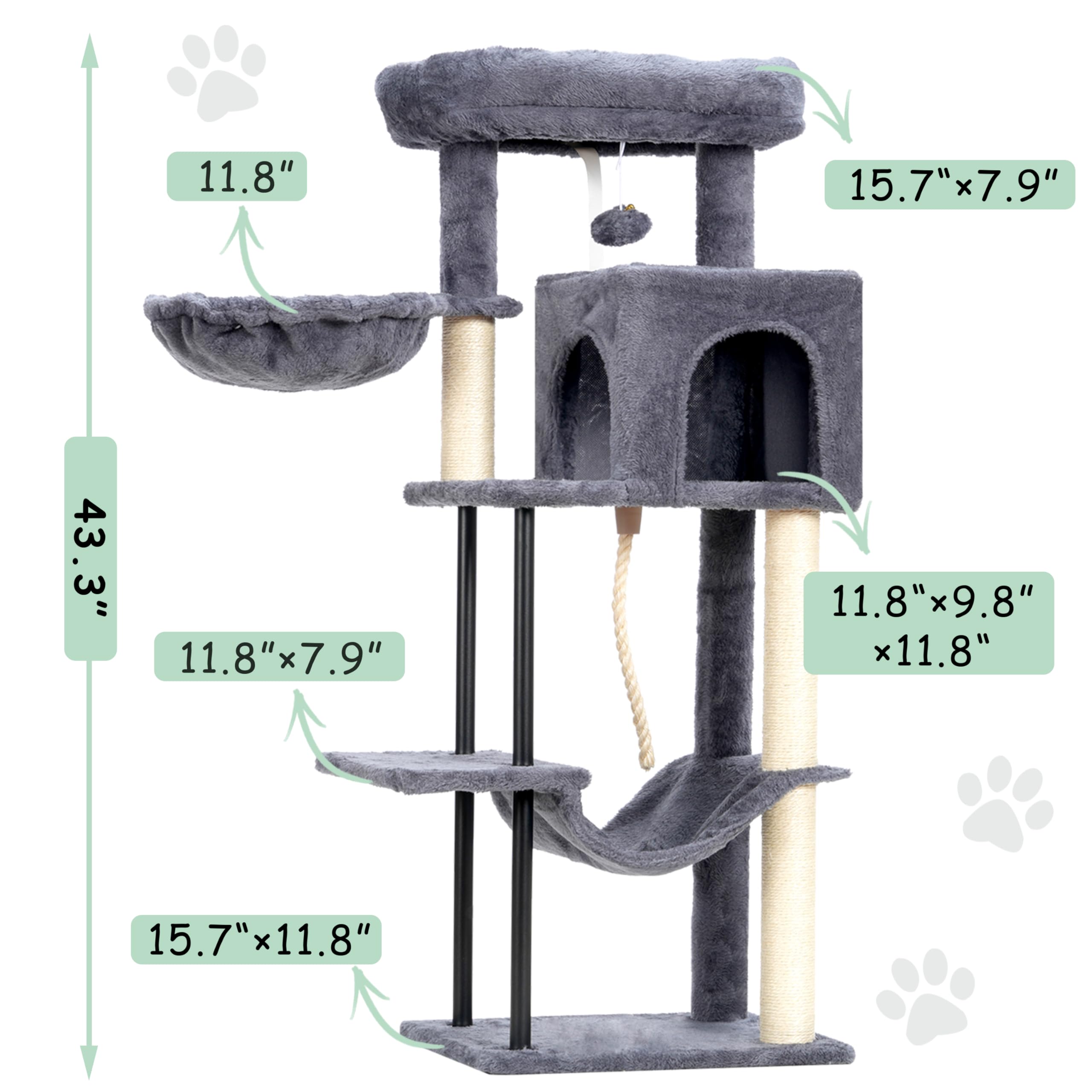Gitelsnour Cat Tree, Cat Tower For Indoor Cats, 43.3 Inch Cat Tree Tower With Sturdy Steel Tube, Hammock, Cat Condo For Small Ca