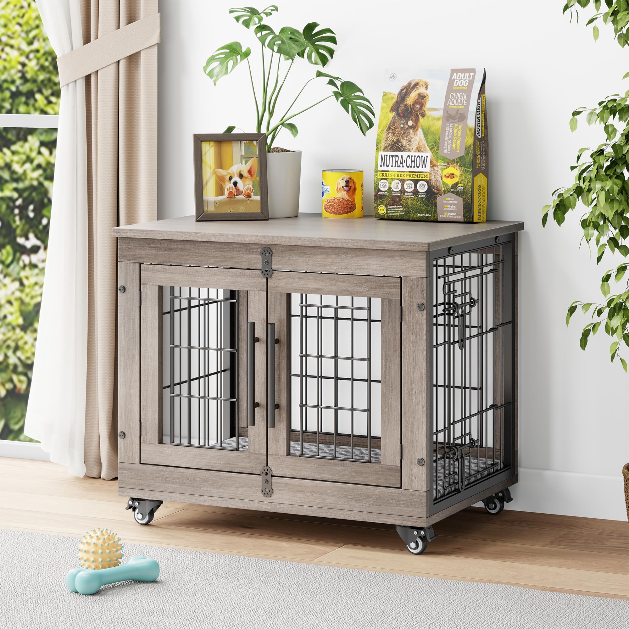 YaFiti Dog Crate Furniture with Cushion, Wooden Dog Kennel Indoor with Double Doors, Dog Cage with Wheels, Dog House Side End Ta