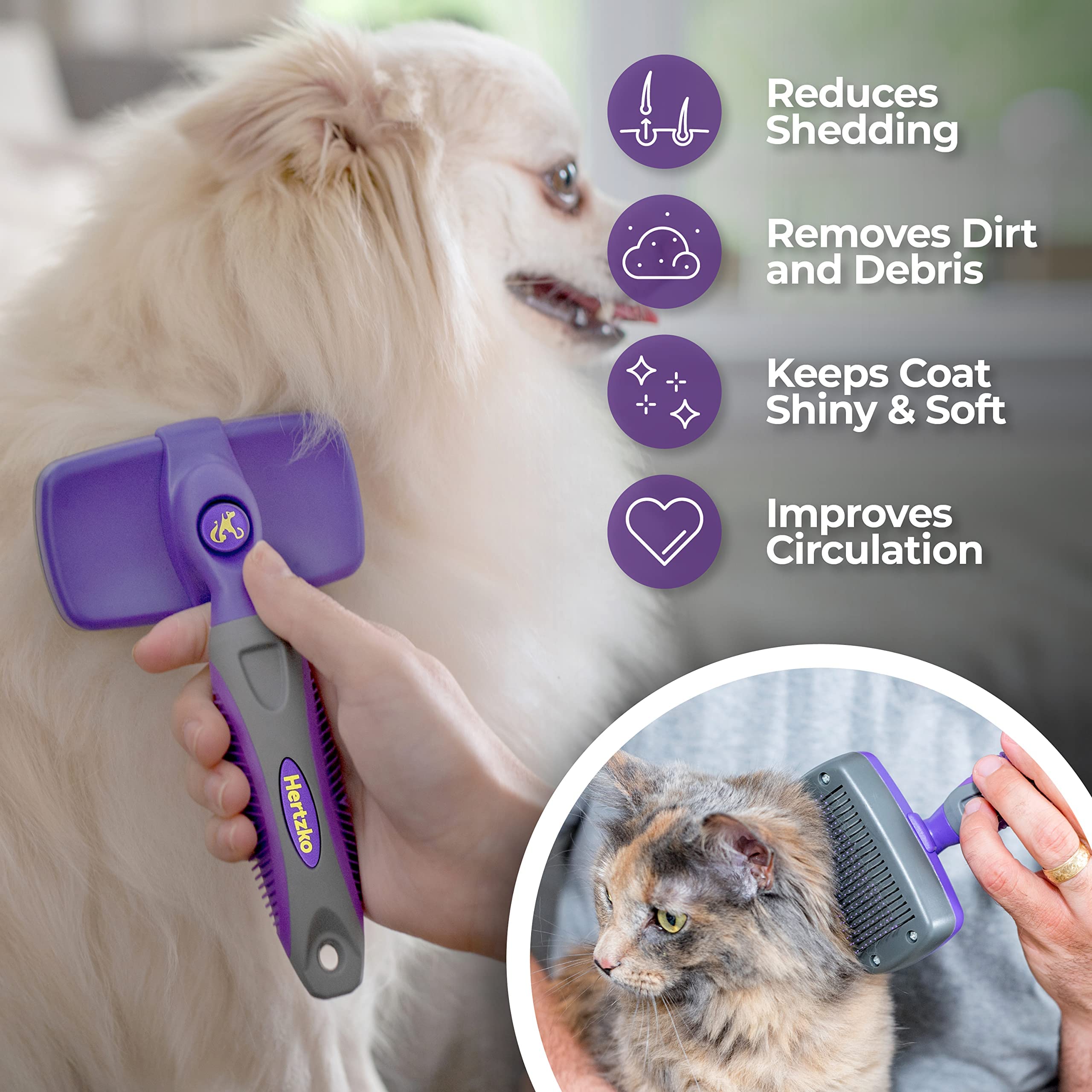 Hertzko Self-Cleaning Slicker Brush for Dogs & Cats - Grooming Tool for Shedding, Sensitive Skin, Regular Size, Purple