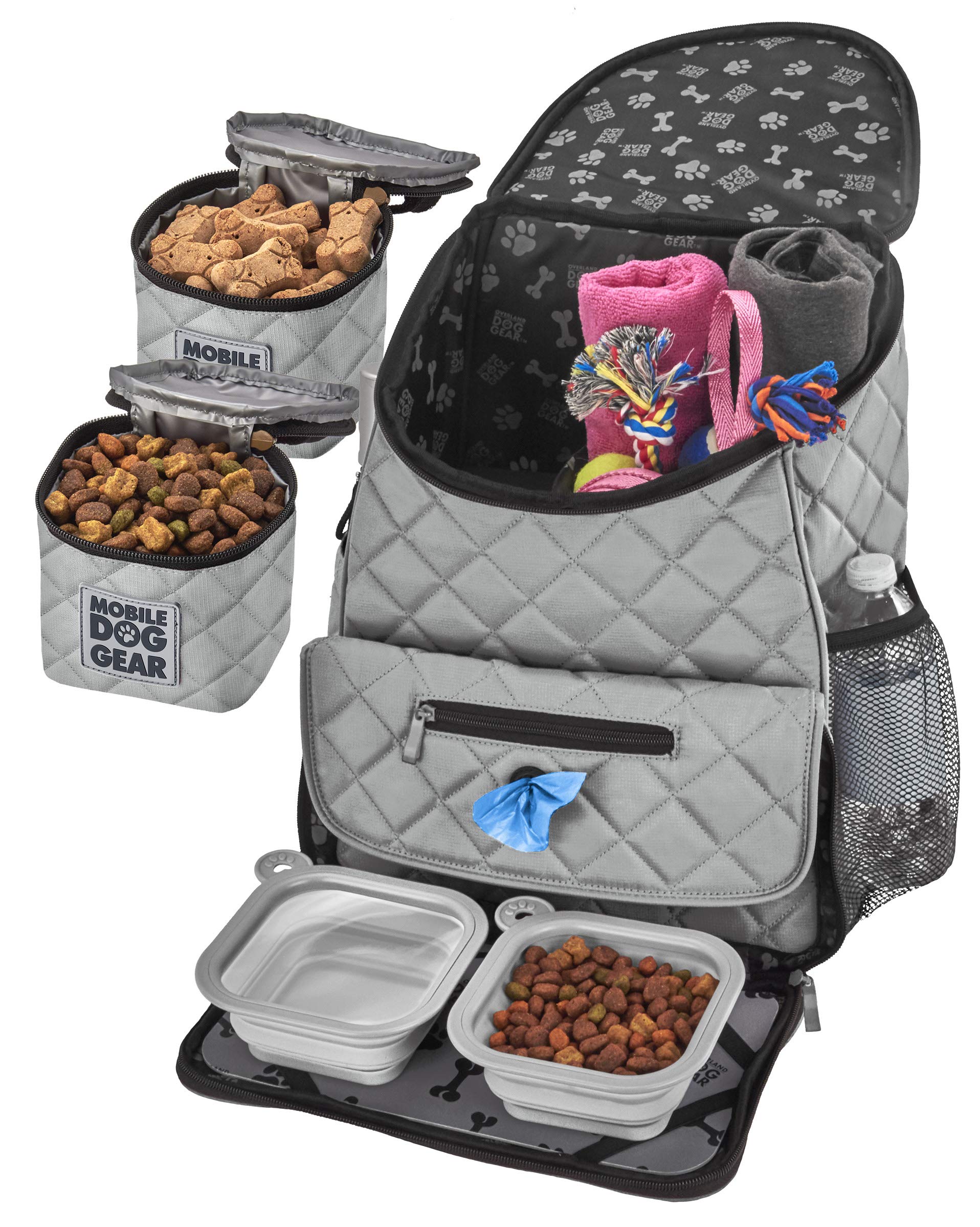 Mobile Dog Gear, Dog Travel Bag, Deluxe Quilted Weekender Backpack, Includes Lined Food Carriers and 2 Collapsible Dog Bowl, Gra
