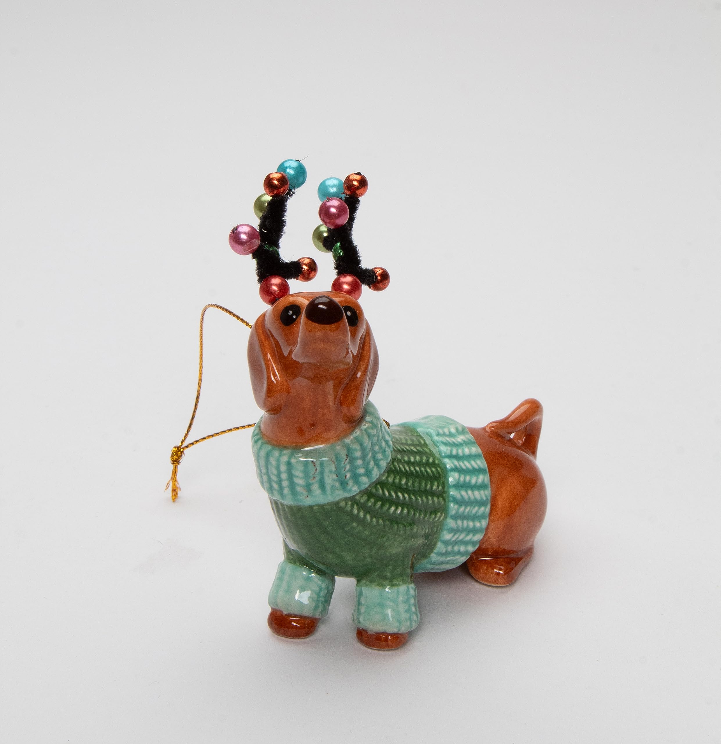 Cosmos Gifts 57012 Dachshund Dog in a Green Sweater with Reindeer Antlers Ornament, Multi-Colored, 3 3/8 x 1 5/8 x 3 7/8 H