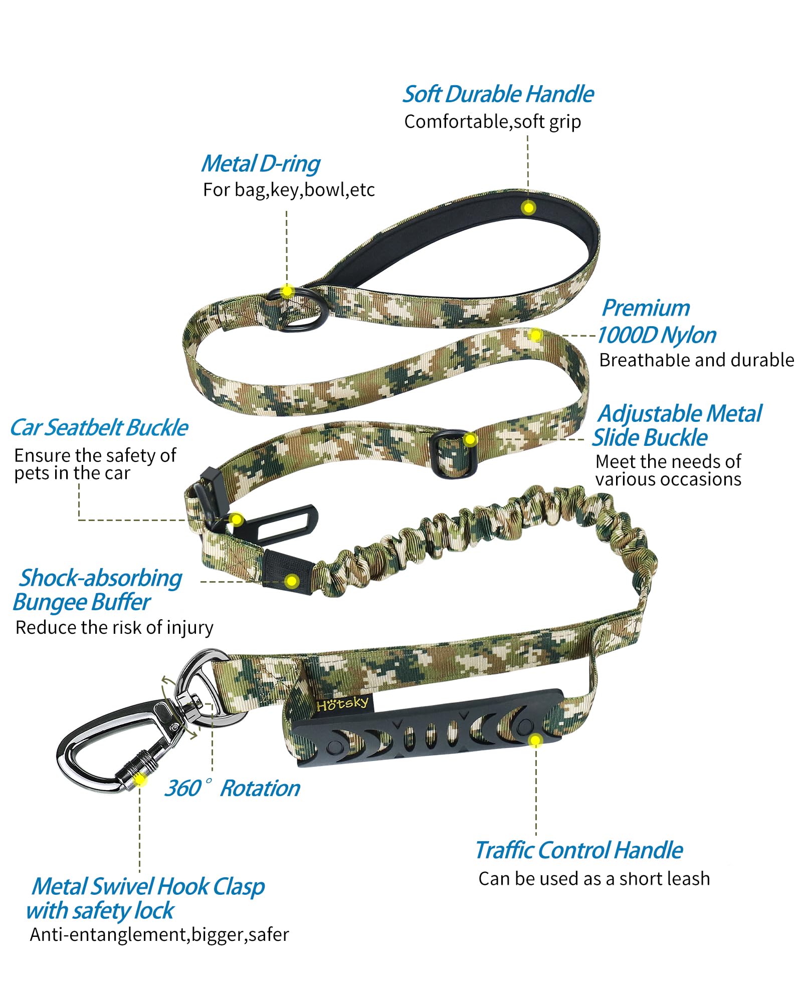 Hotsky Tactical Dog Leash - Heavy Duty Bungee No-Pull - Medium/Large, Army Camo, Padded Handles, Model TC Leash AmyC-010