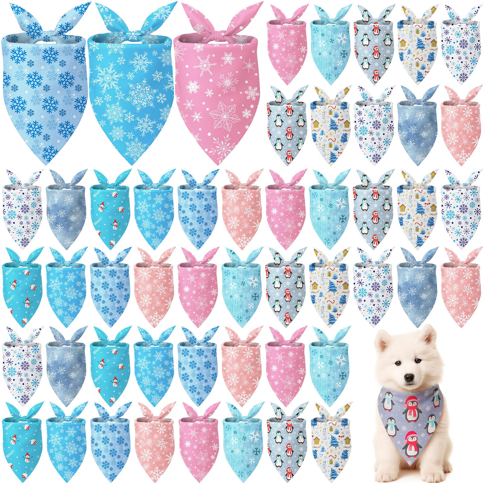 Weewooday 50 Pcs Winter Bandanas Bulk for Dogs Snowflake Cats Bandanas Charm Soft Triangle Bibs Adjustable Scarf for Small Mediu