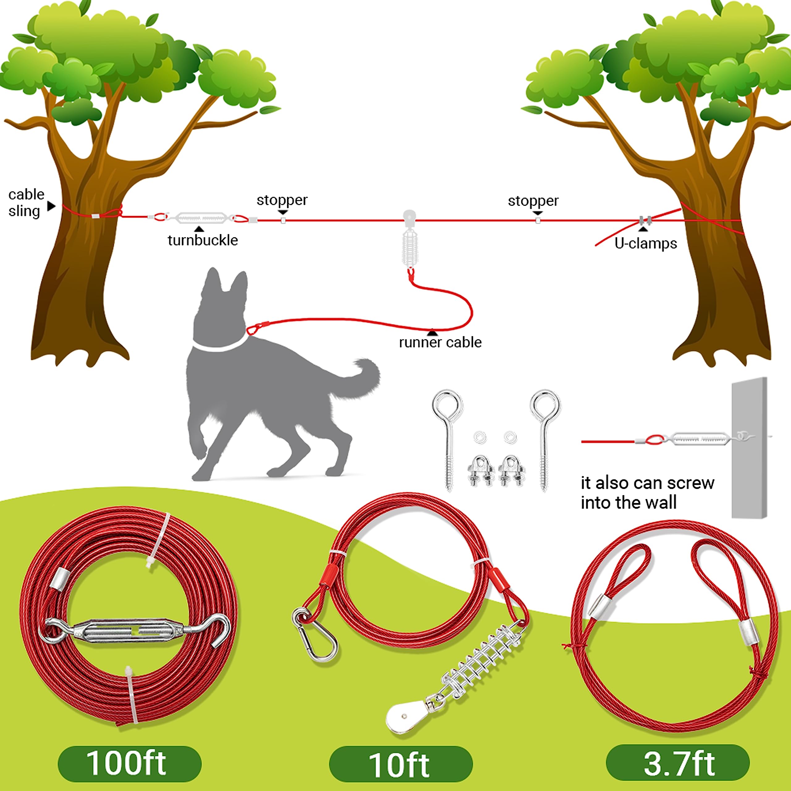 Dog Tie Out Cable - 100 ft Long Dog Cable with 10 ft Run Cable for Yard Training Running Camping Hiking Outdoor - Heavy Duty Che