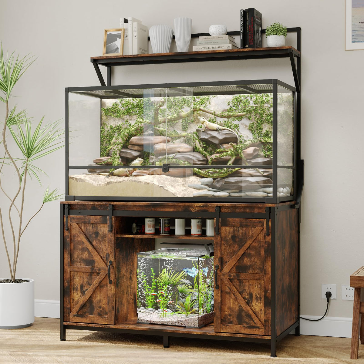VOWNER Farmhouse Reptile Tank Stand with Power Outlet, 48  X 24  Tabletop Fits up 120 Gallon Bearded Dragon Tank, Heavy Duty Aqu