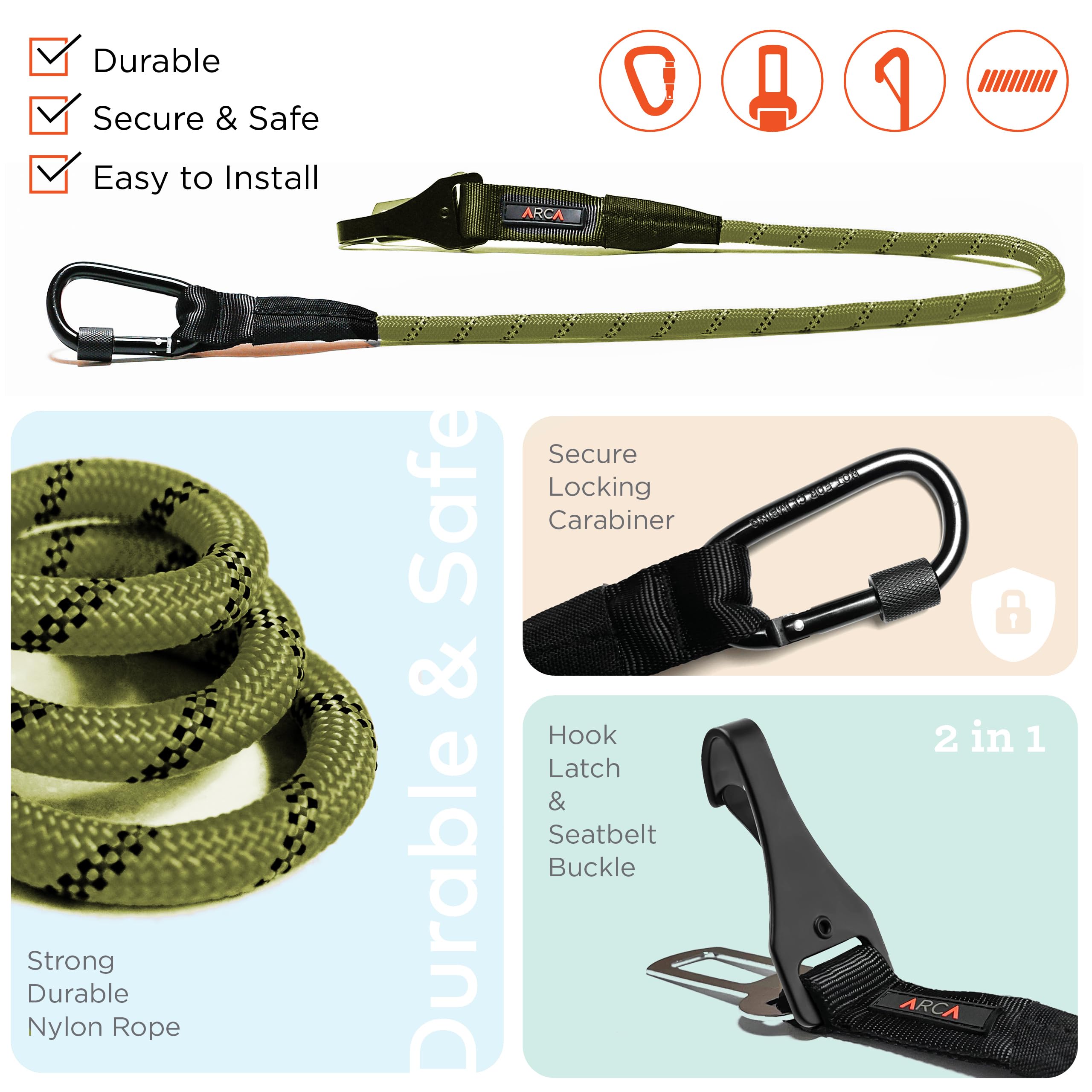 ARCA PET Dog Seat Belt for Car | Universal Dog Car Seatbelt | Durable Reflective Rope with Clip Hook Latch, Buckle and Carabiner