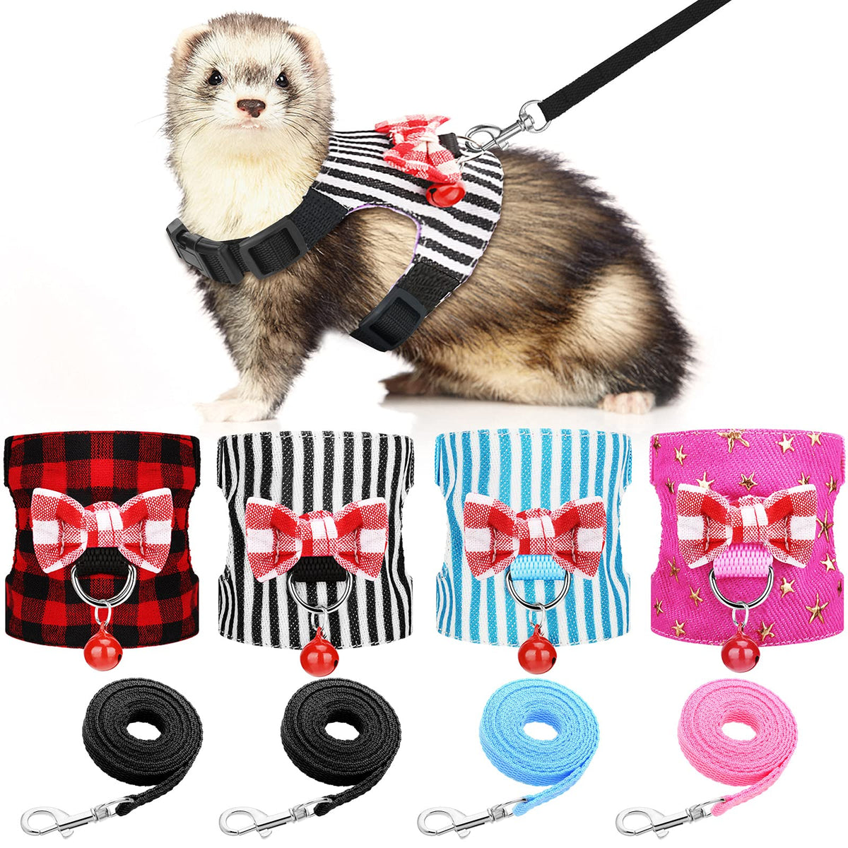 4 Pieces Small Pet Harness Vest And Leash Set With Cute Bowknot And Safe Bell Decor Chest Strap Harness For Outdoor Walking Rabbit Ferret Guinea Pig Bunny Hamster Puppy Kitten (Small)