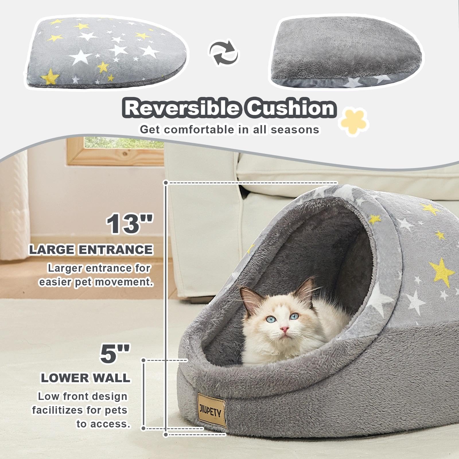 Jiupety Cat Cave Bed for Indoor Cats, Medium Gray Polyester with Washable Cushion and Anti-Slip Bottom