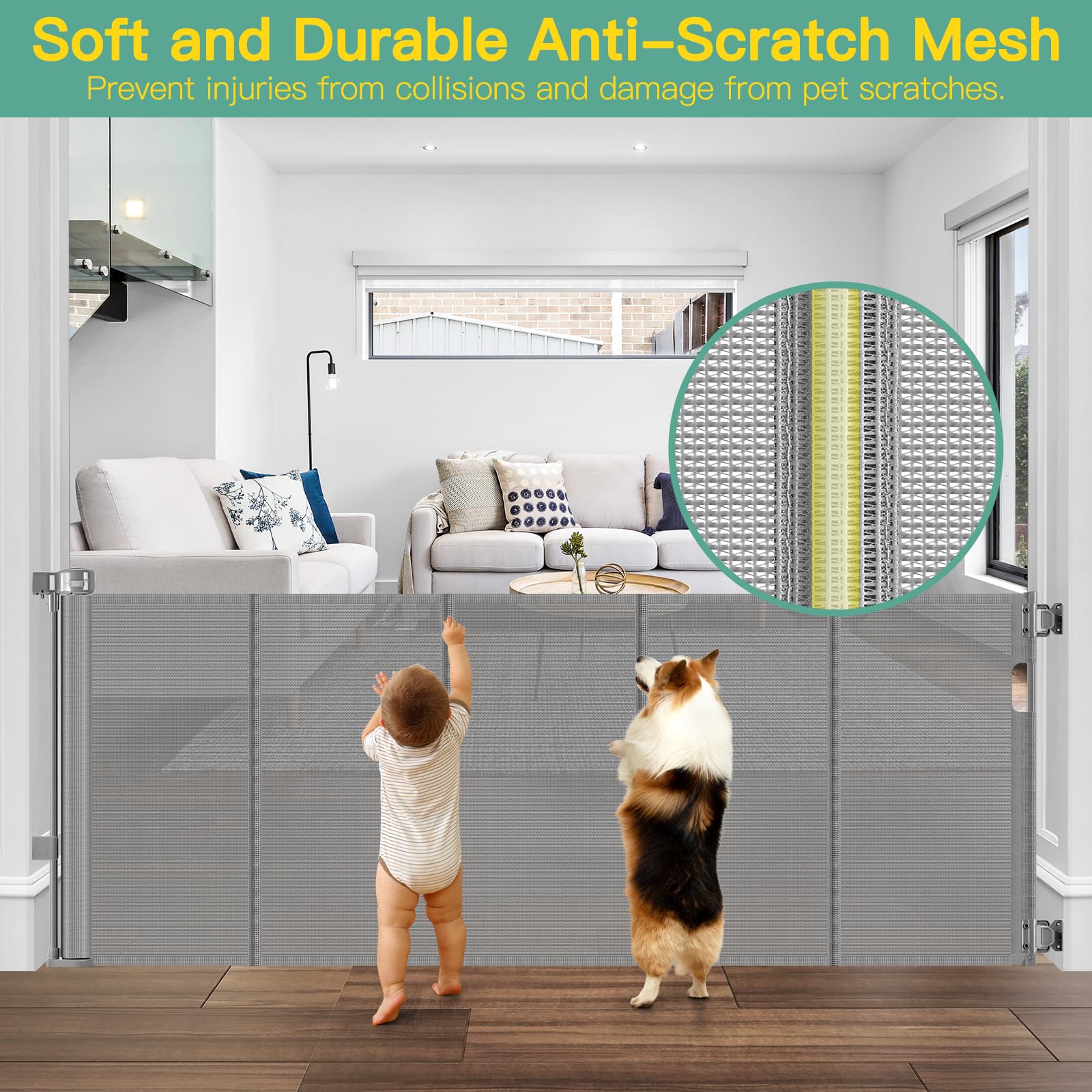 Upgraded 60 Wide Retractable Dog Gate with Reinforced Rods - Bottom Anti-Escape, 5 ft Retractable Baby Gates for Doorways Retrac