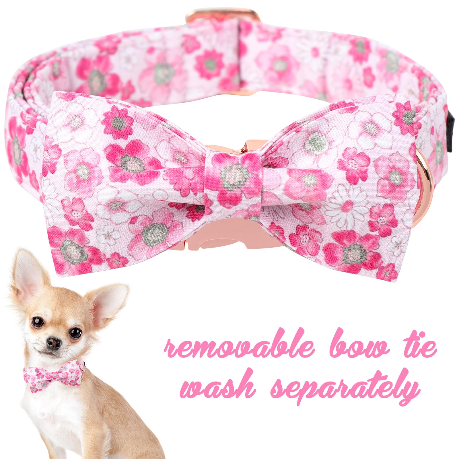 Unique Style Paws Summer Dog Collar With Bow, Lovely Bow Tie Dog Collar,Pink Flower Dog Bow For Girl,Boy Dogs,Cats,L,16-24In