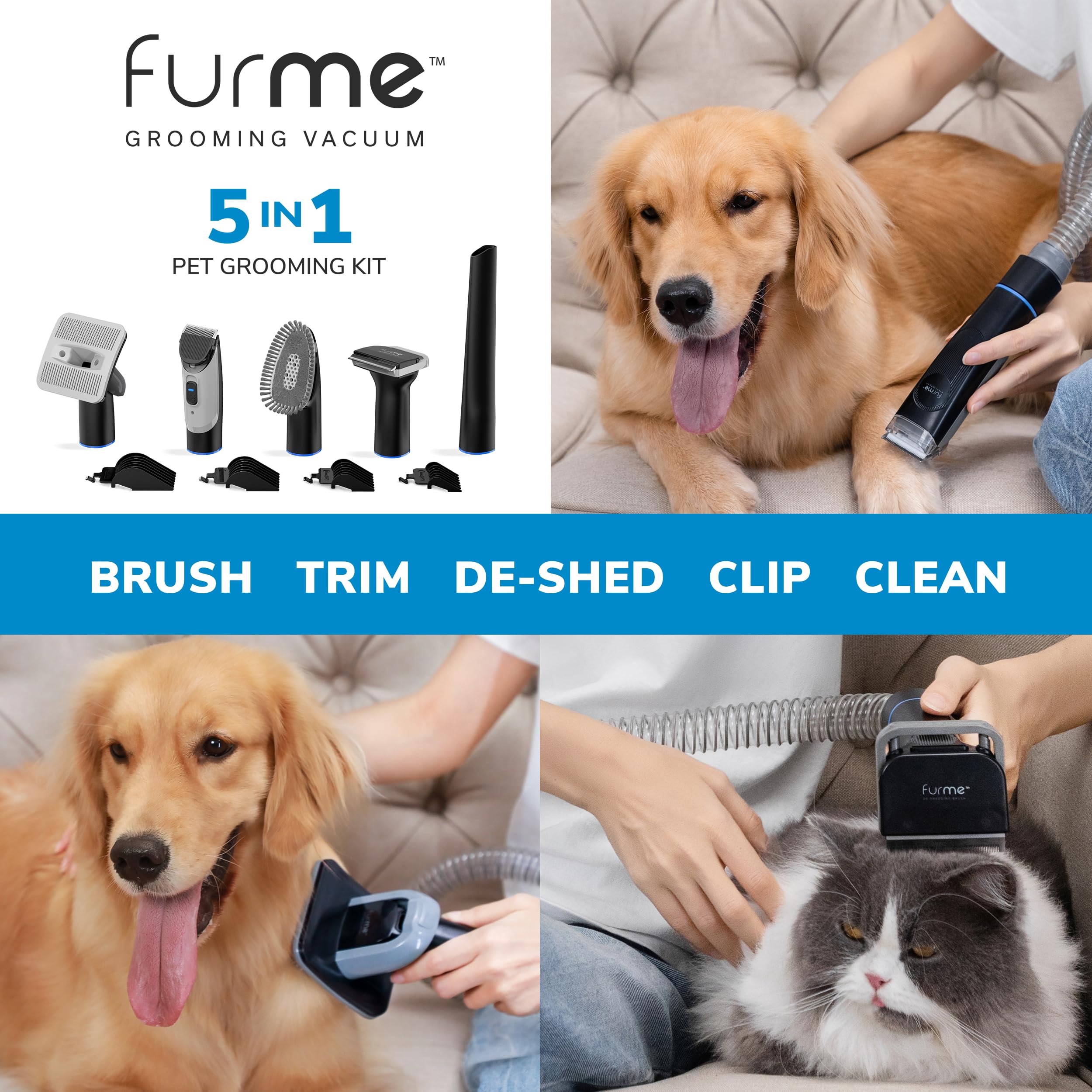 Furme Professional Pet Grooming Vacuum Kit - Cat & Dog Grooming Kit For Easy Pet Care At Home, Quiet & Safe Dog Hair Remover Machine With Brush, Clipper, Shedding & Cleaner Tools & 2L Canister