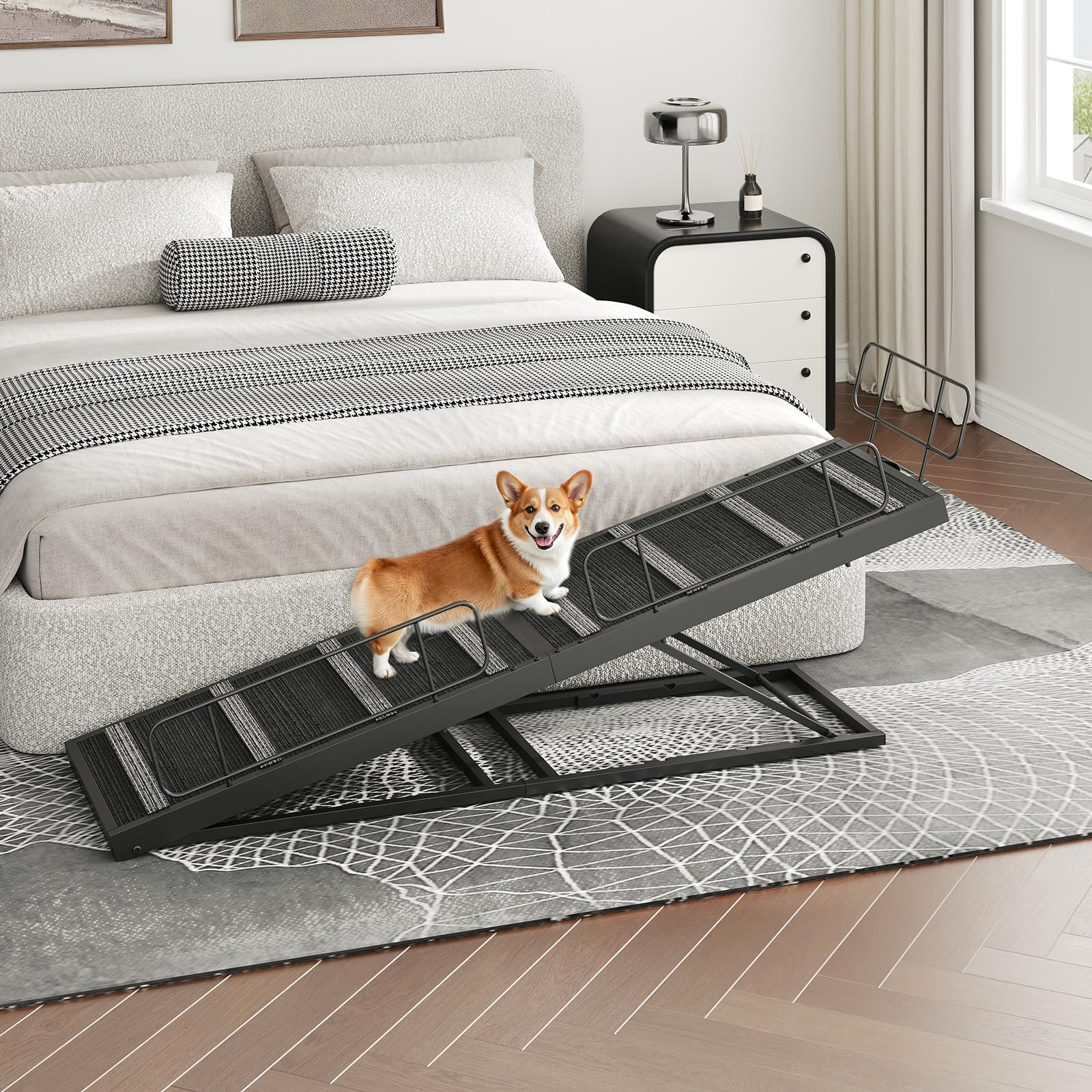 Hoobro Dog Ramp For Bed, 63 Inch Long Dog Ramp For Couch And Bed, Pet Ramp With Non-Slip Mat And Safety Side Rails, 4 Height Adj