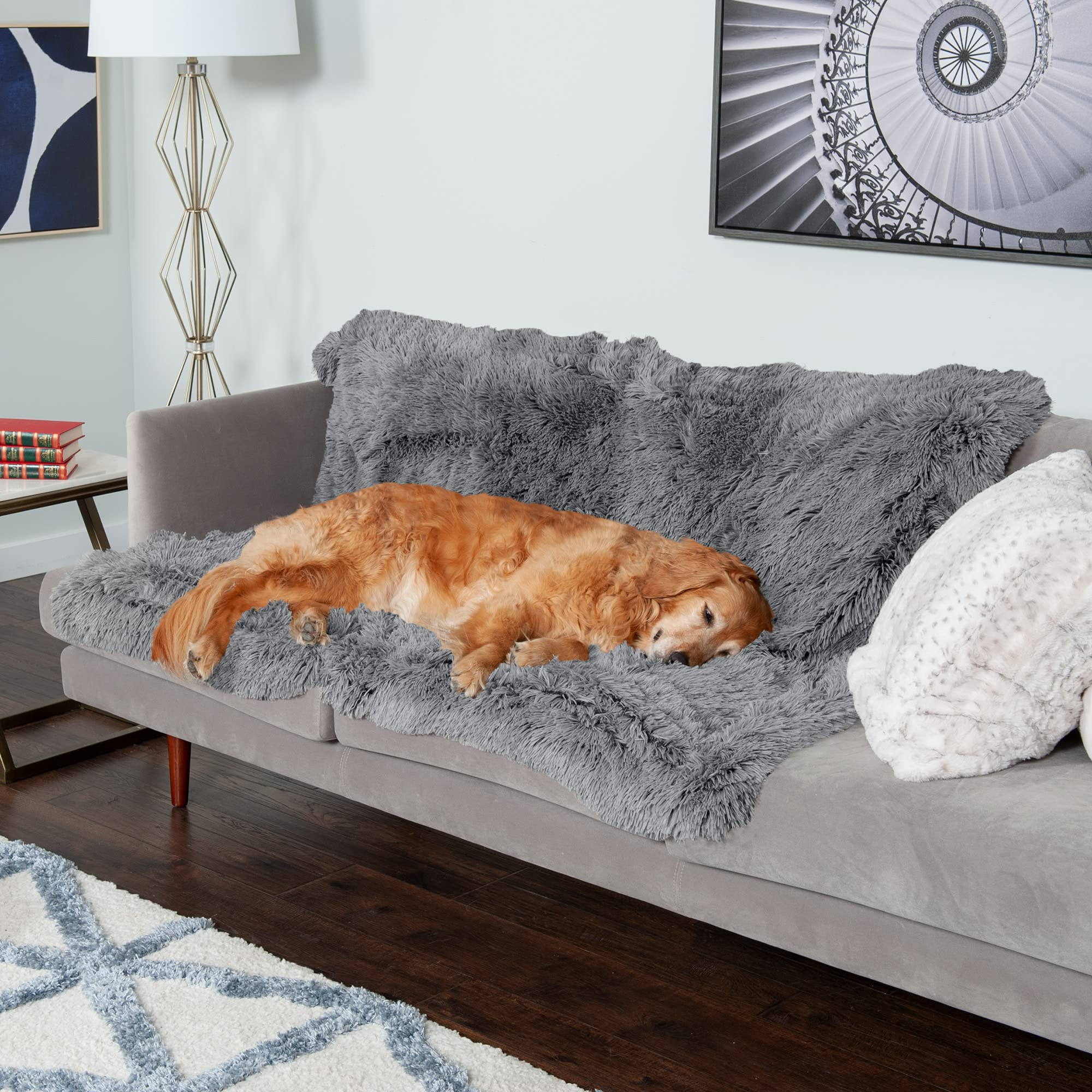 Furhaven Waterproof Throw Blanket for Dogs & Indoor Cats, Washable - Shaggy Plush Calming Long Faux Fur & Velvet Dog Blanket - G