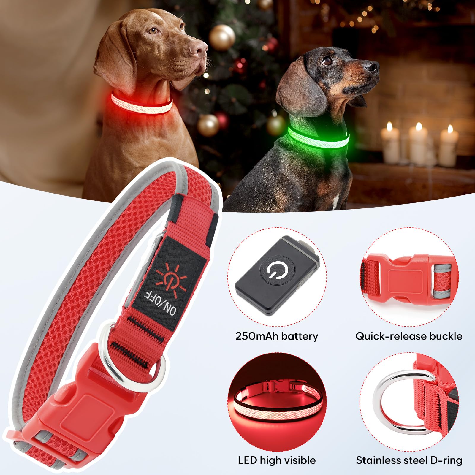 Flashseen Led Dog Collar, Usb Rechargeable Light Up Dog Collar Lights, Adjustable Comfortable Soft Mesh Safety Dog Collar For Small, Medium, Large Dogs(Small, Ruby Red)