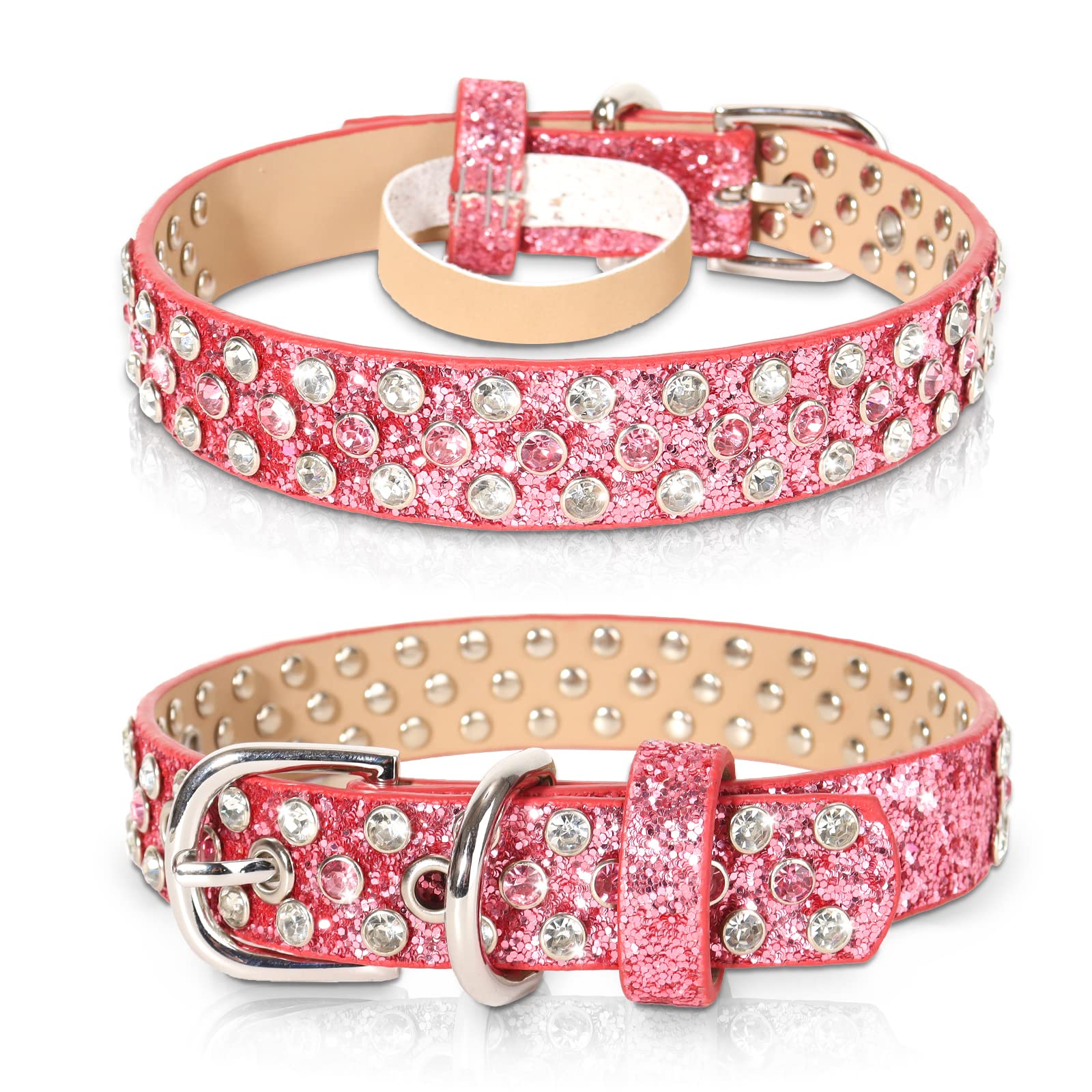 Octbersieg Rhinestone Leather Dog Collar Bling Dog Collars For Small Medium Large Dogs - Soft Microfiber Leather With Adjustable