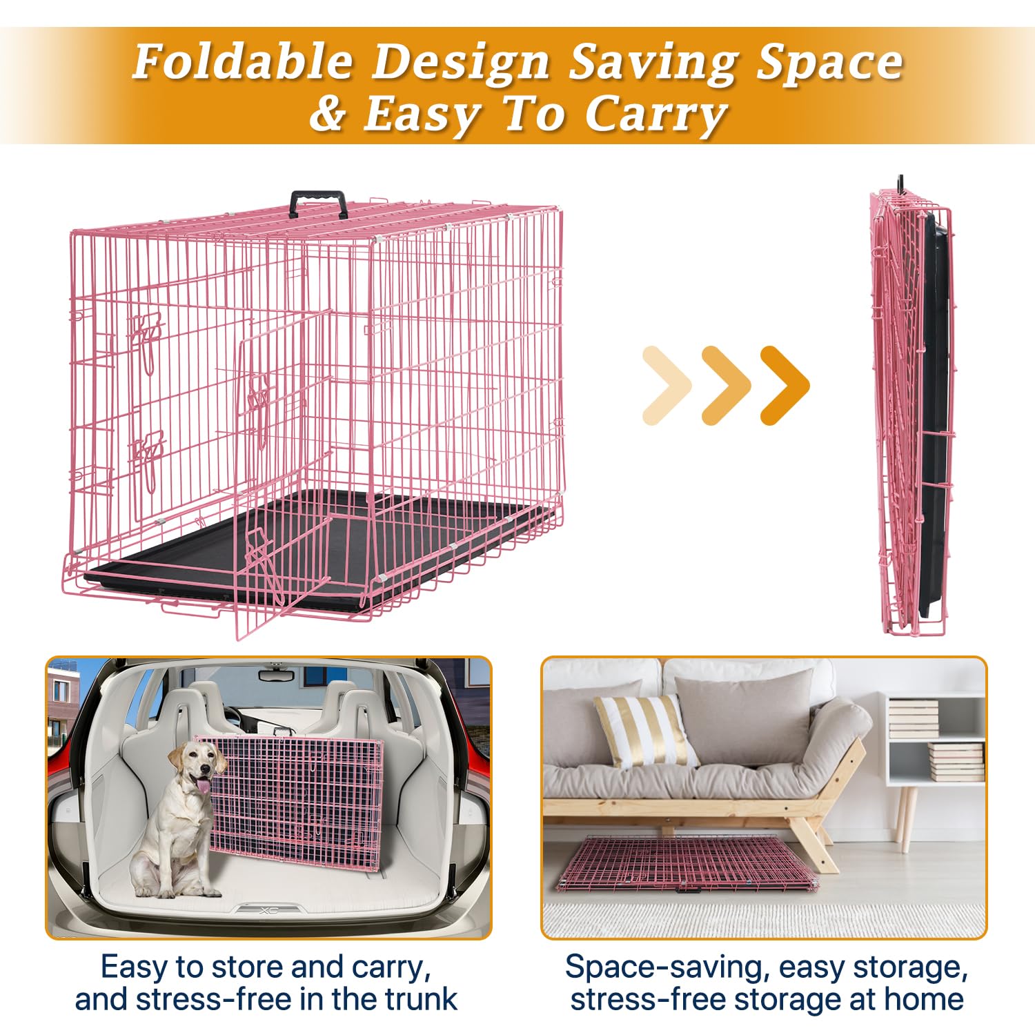 Dog Crate Dog Kennel Cage 42    Portable Foldable Indoor Outdoor Large Double Door Wire Metal Puppy Cat Pet Dog Cage With Abs Tr