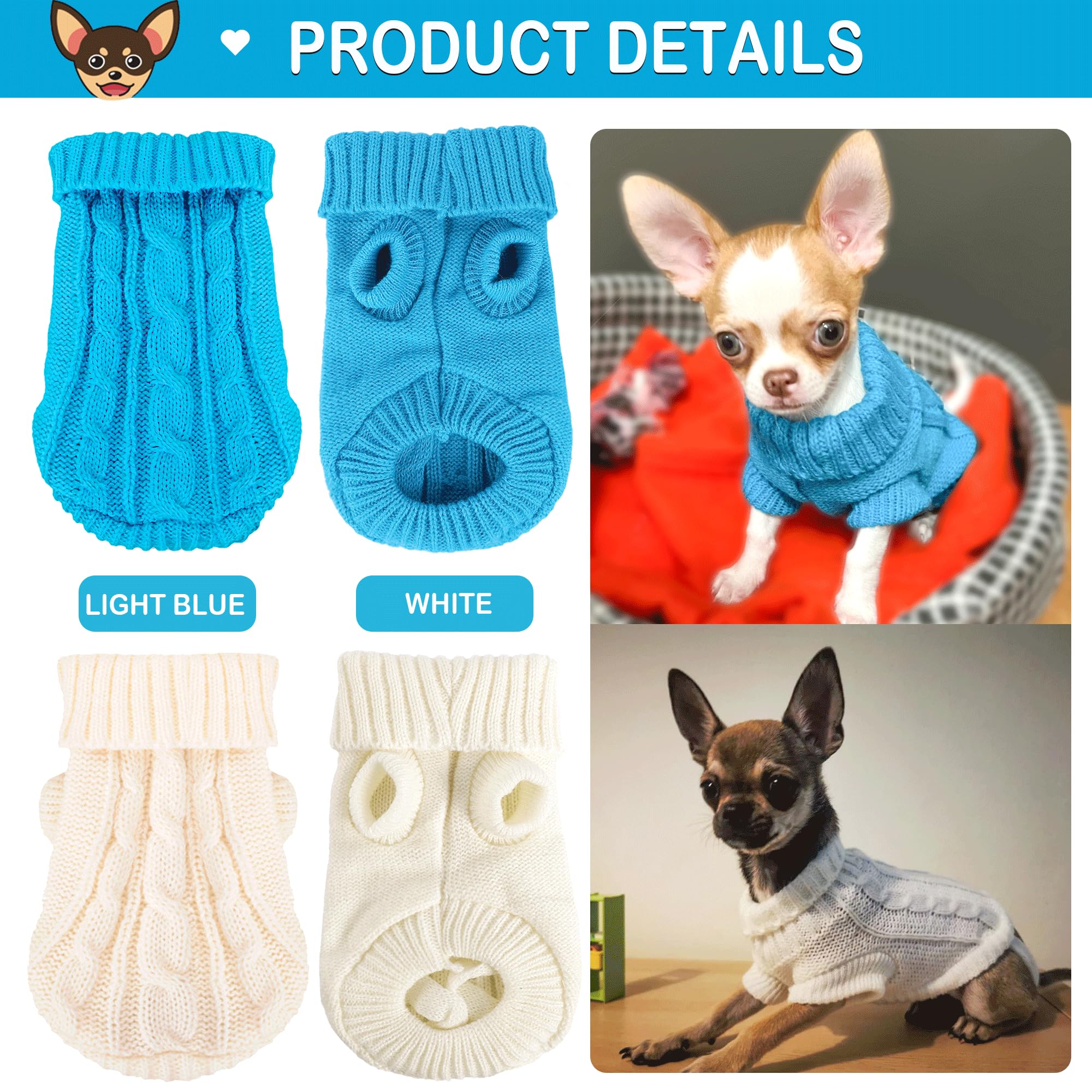 2 Pieces Dog Sweaters For Small Dogs, Turtleneck Knitted Chihuahua Yorkie Sweater, Dog Clothes For Small Dogs, Winter Warm Pullo