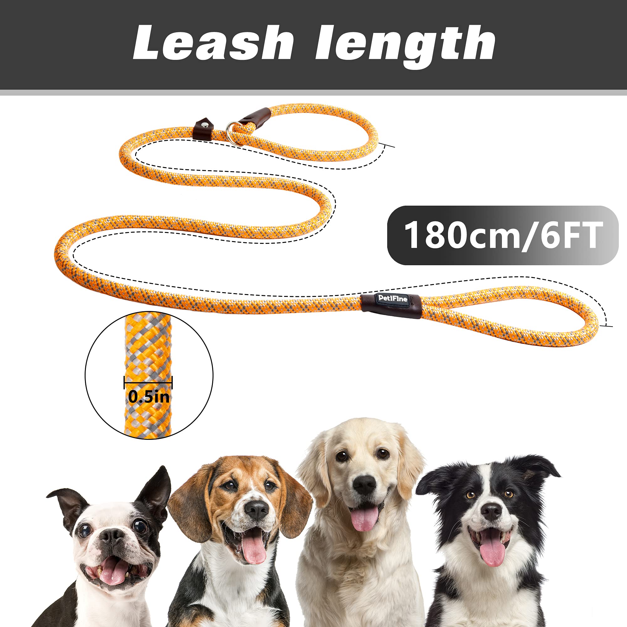 Petifine Slip Lead Dog Leash, Full Reflective Slip Knot Dog Training Leashes, Heavy Duty Adjustable Pet Nylon Slip Loop Leash For Small Medium Large Dogs (1/2' X 6 Ft, Orange)