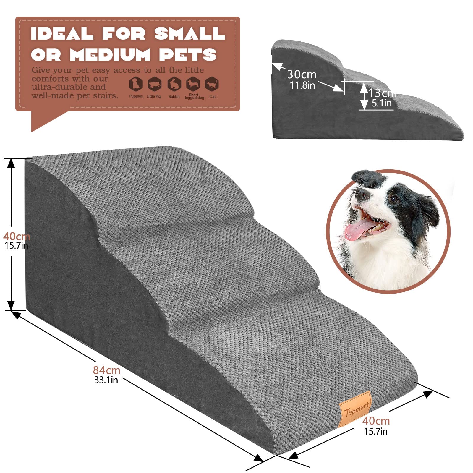 Topmart High Density Extended Foam Dog Ramp&Steps 3 Tiers,15.7'' High,Non-Slip Dog Stairs With Waterproof Cover,Soft Foam Pet La