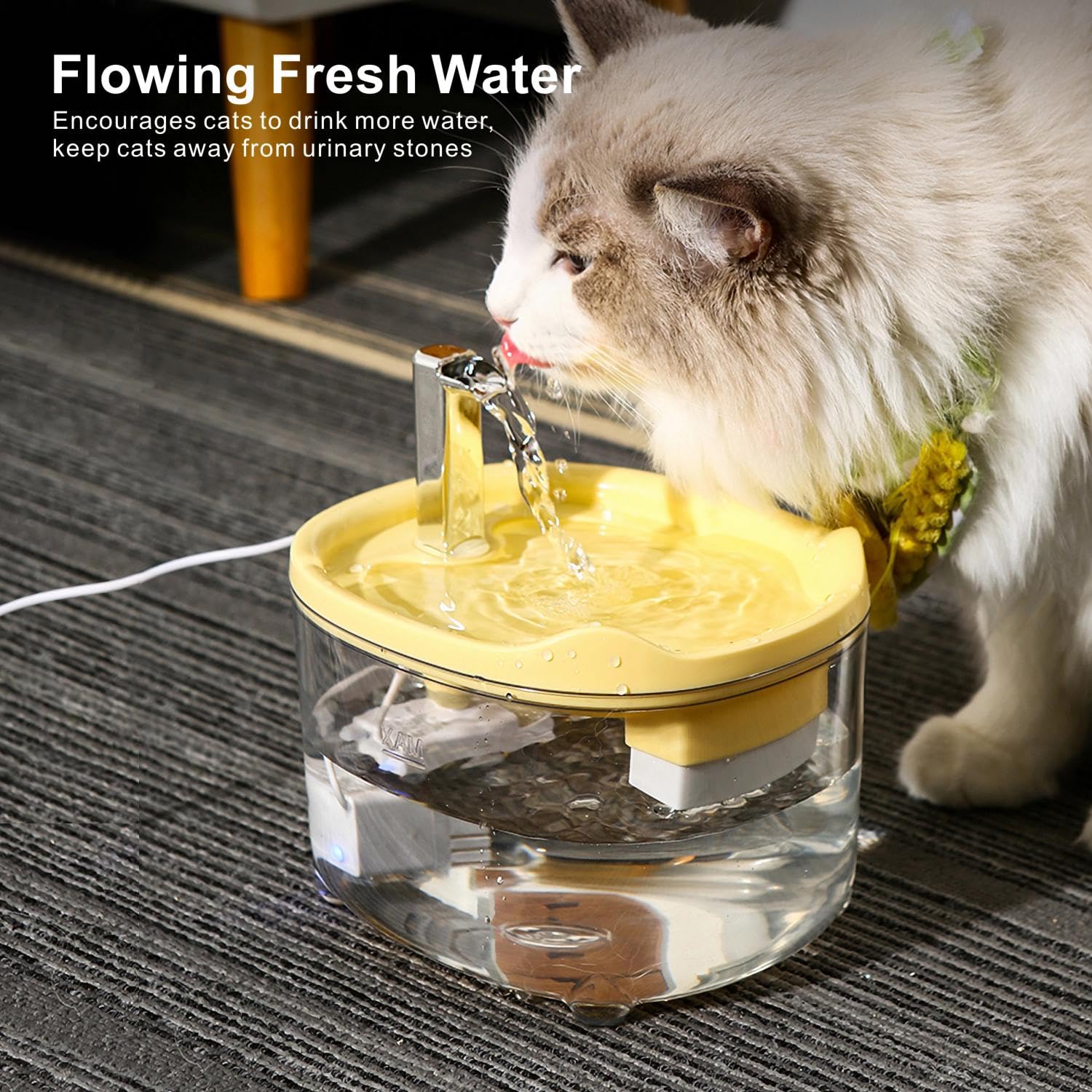 Hooyeatlin Cat Water Fountain, 50oz Automatic Pet Dispenser, Silent Pump, Clear & Yellow, Ideal for Cats and Dogs