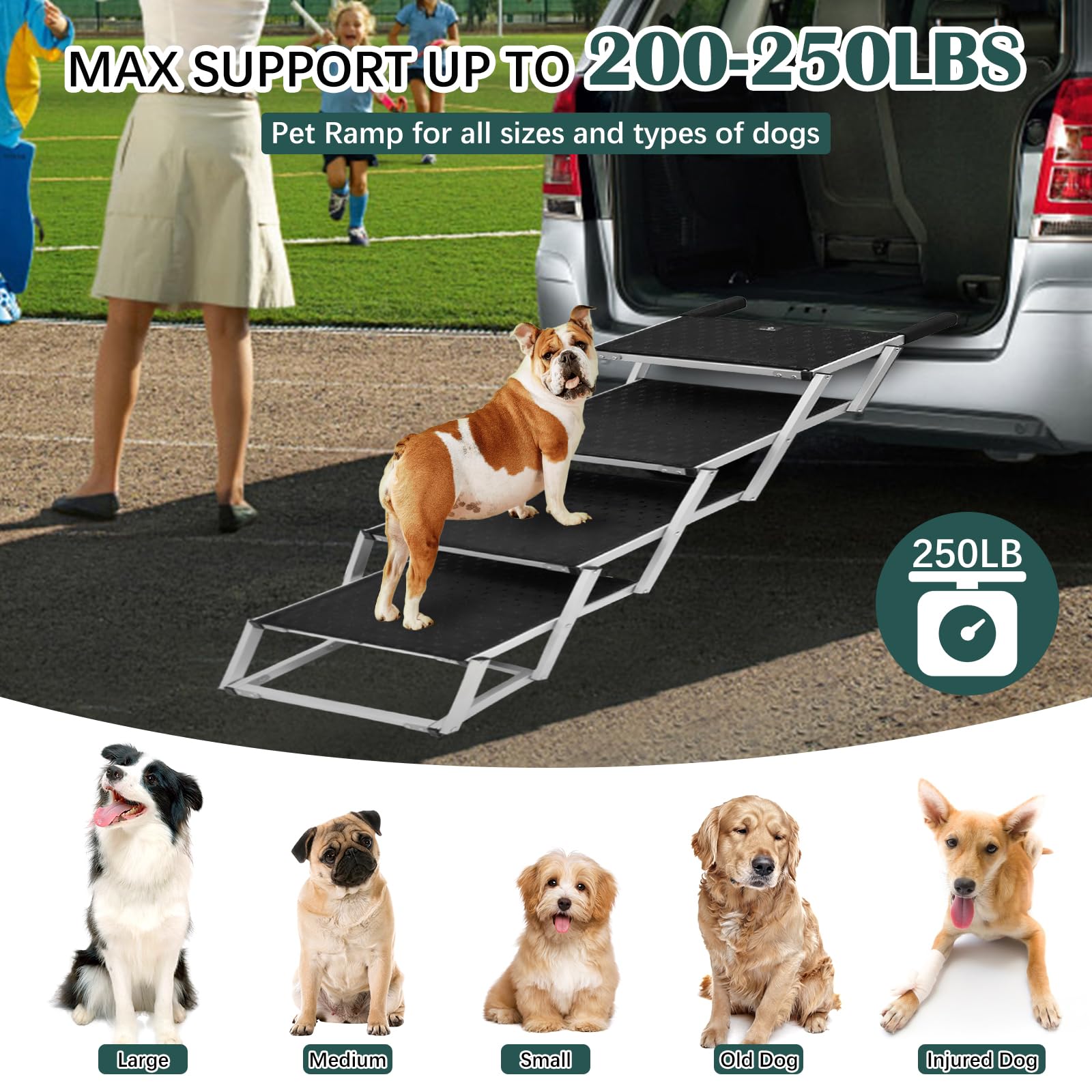 Joyrally Dog Ramp for Car - Extra Wide 4-Step Lightweight Aluminum Pet Steps for Large Dogs, Supports 200 lbs, Black