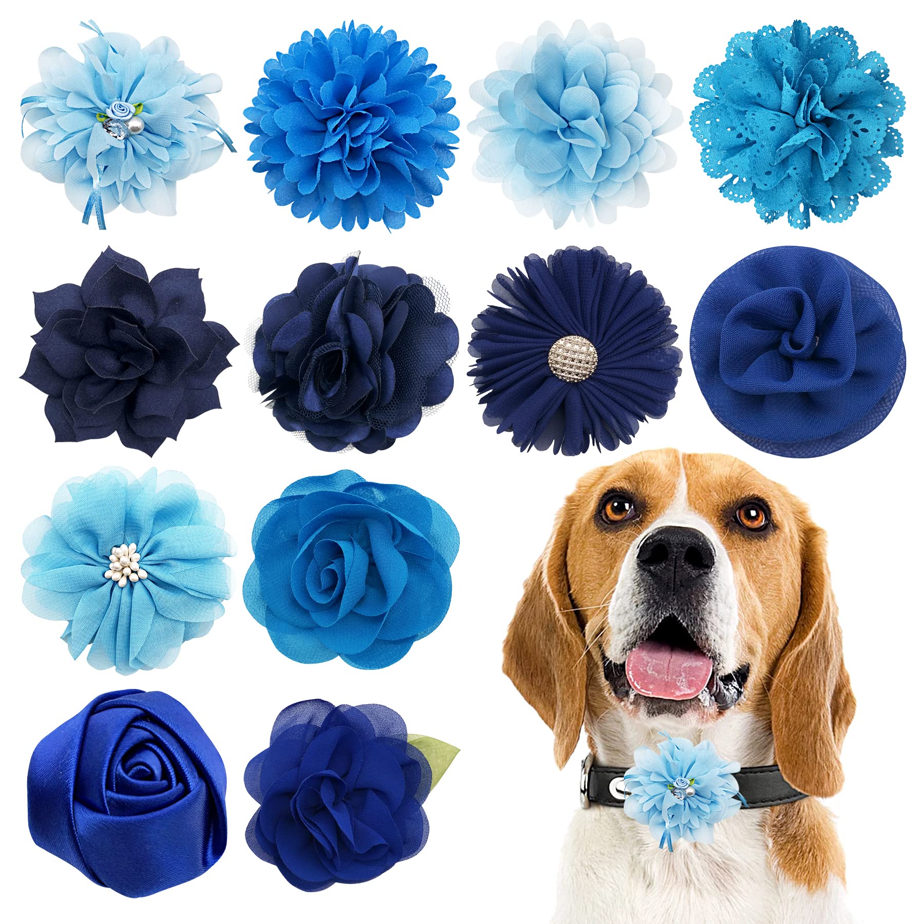 Pet Show 12Pcs Blue Dog Collar Bows And Flowers Attachment For Girls Boys Puppies Cats Small Medium Dogs Collars Embellishment D
