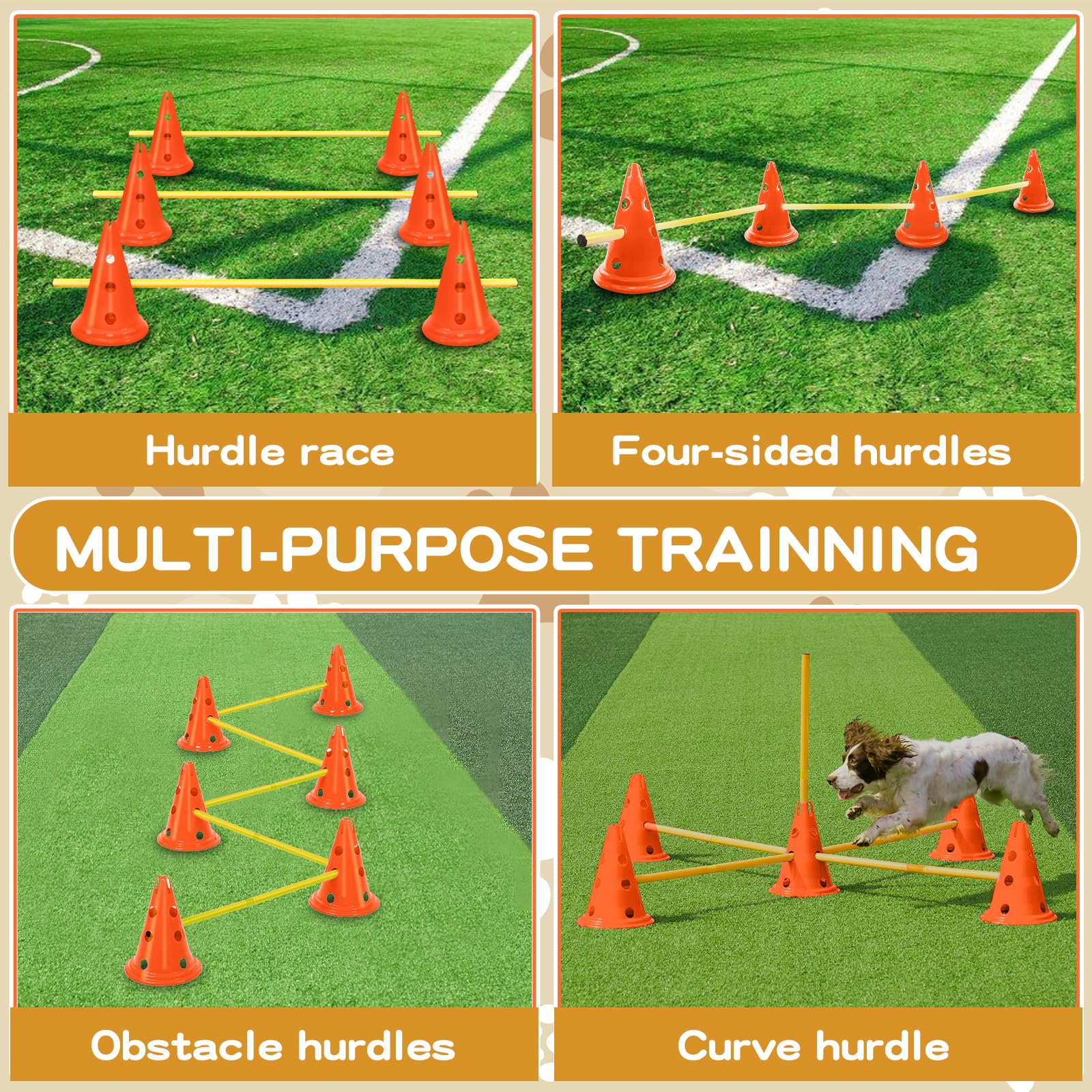 FOTN Dog Agility Hurdle Cone Set Dog Agility Course Backyard Set Include 12 Agility Cones 6 Agility Rods Dog Agility Training Eq