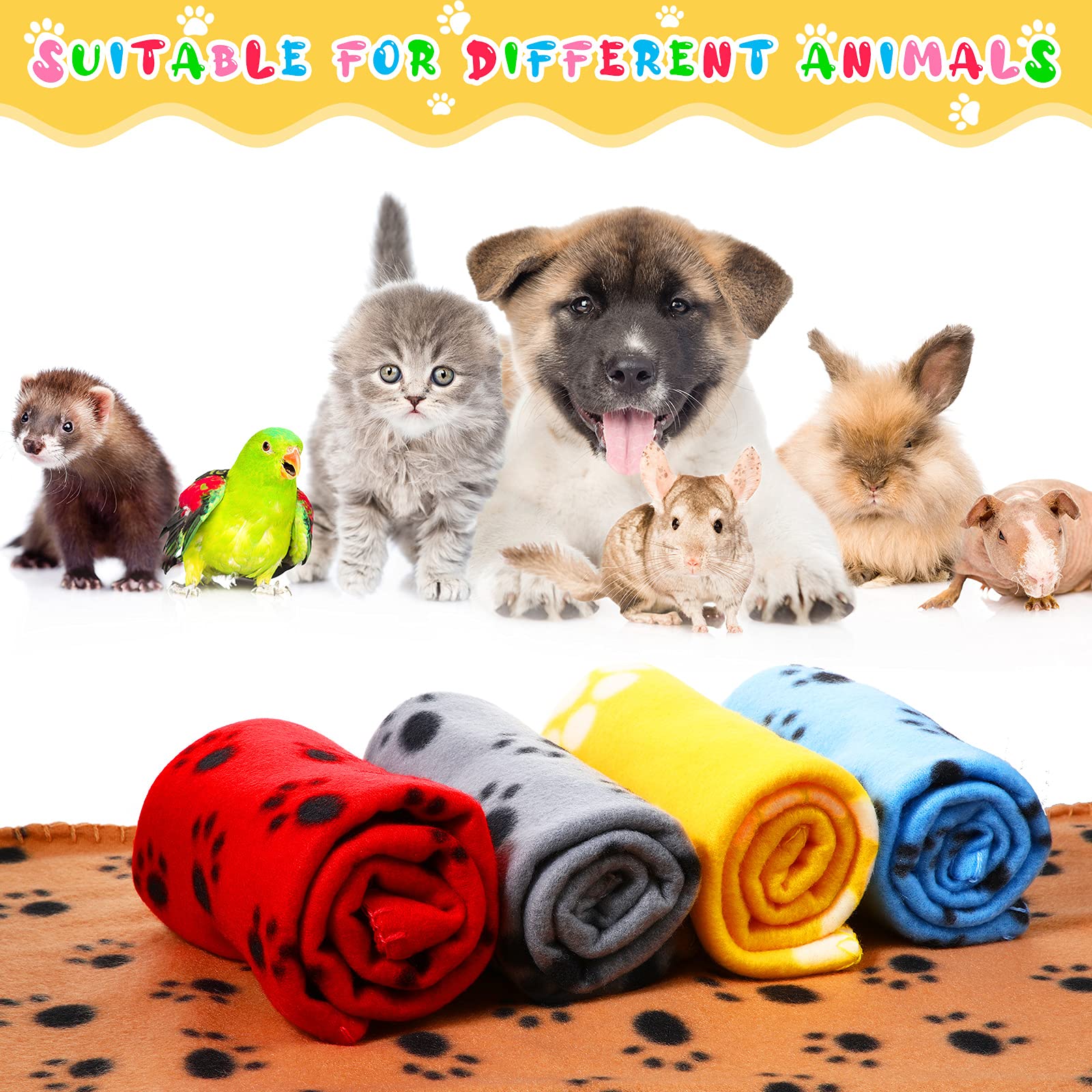 Tegeme 12 Pieces Fleece Blankets For Pets Dog Puppy Paw Print Cat Bedding Cover Blanket For Small Animals Pig Cage Liner Sleep M