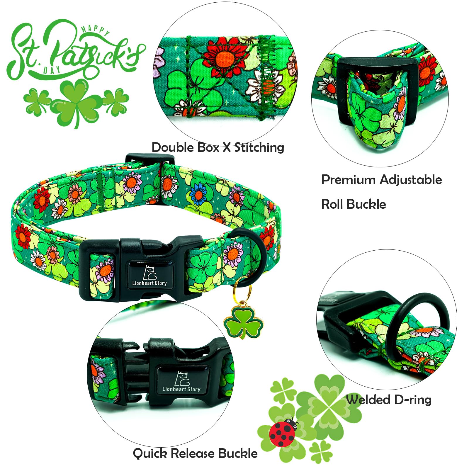 Lionheart Glory St. Patrick Dog Collar-Lucky Clover Shamrock Green Collars For Small Dogs Spring Trefoil Dog Collar Adjustable H