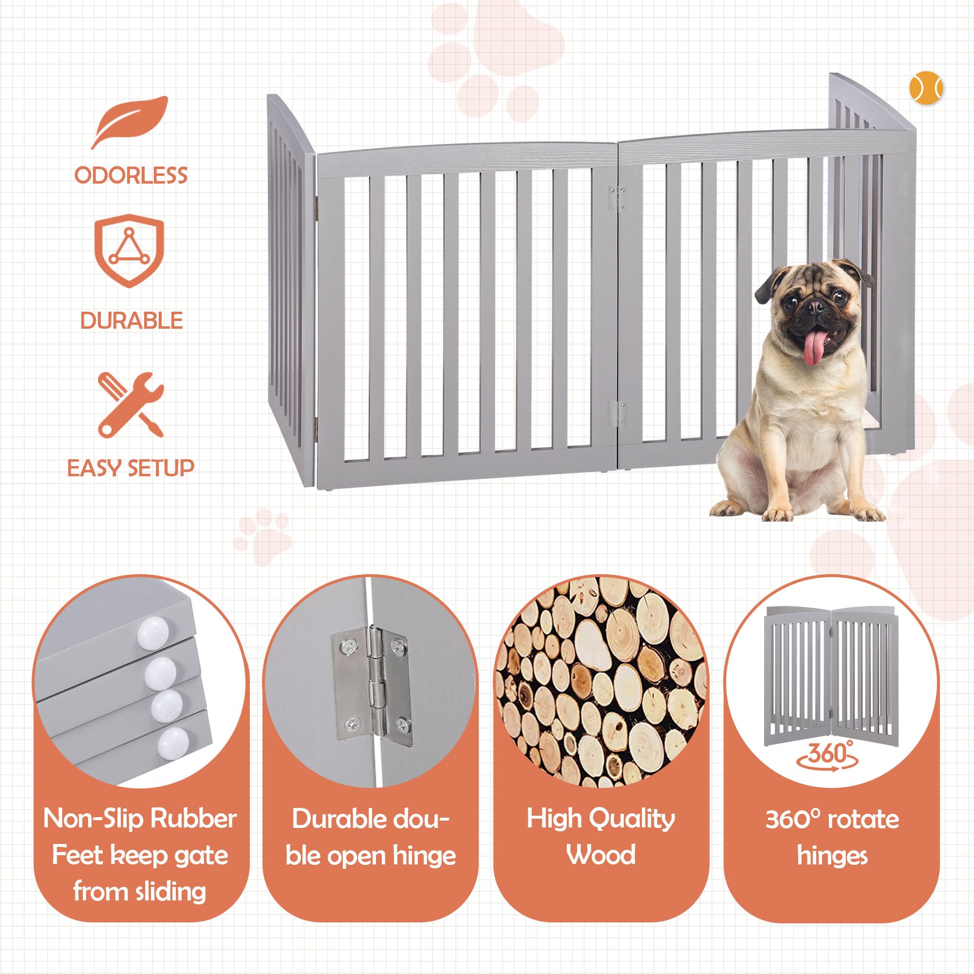 Dog Gate Pet Gate For House, Stairs, Hallways, Doorways 82X24 Inch 4 Panels Foldable Dog Fence For Indoor Extra Wide Wooden