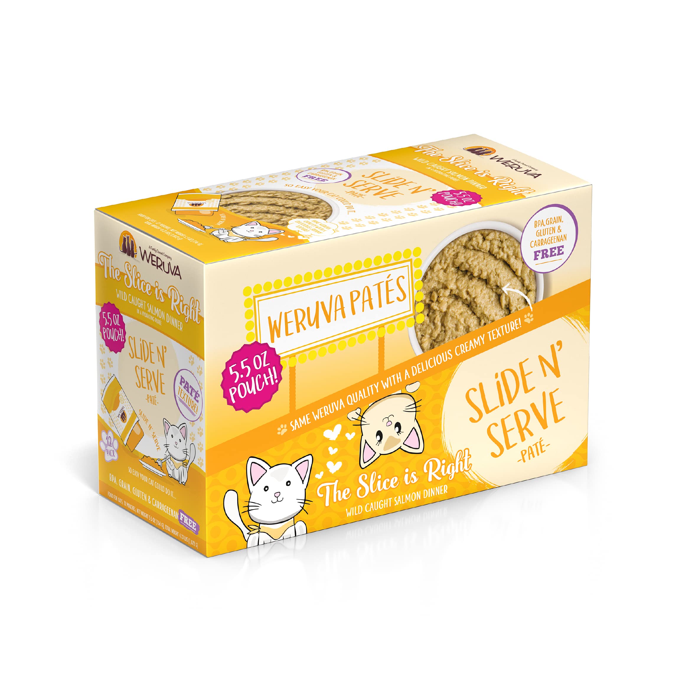 Weruva Wet Cat Food, The Slice is Right with Wild Caught Salmon Pate, 5.5oz Slide N Serve Pouch, Pack of 12