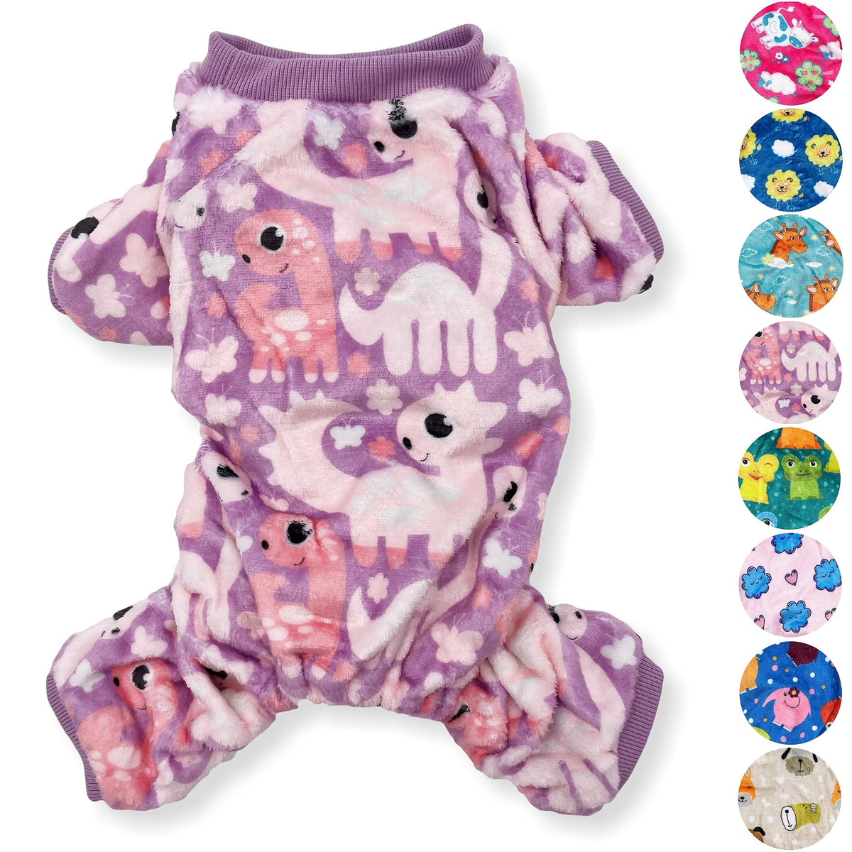 Dog Pajamas Soft Warm Fleece Jumpsuit Cute Pet Clothes For Small And Medium Pet Xxs - L (Purple Dinosaurs, S: Length - 12', Chest 14' - 17')