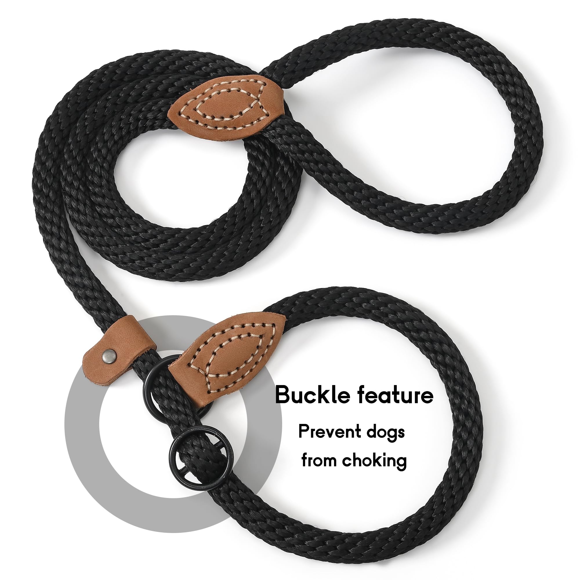 Mile High Life Slip Leads For Dogs | Heavy Duty Dog Training Leash | 5 Feet No Pull Slip Leashes W Leather Tip | Black Rope Lead For Dogs Outside
