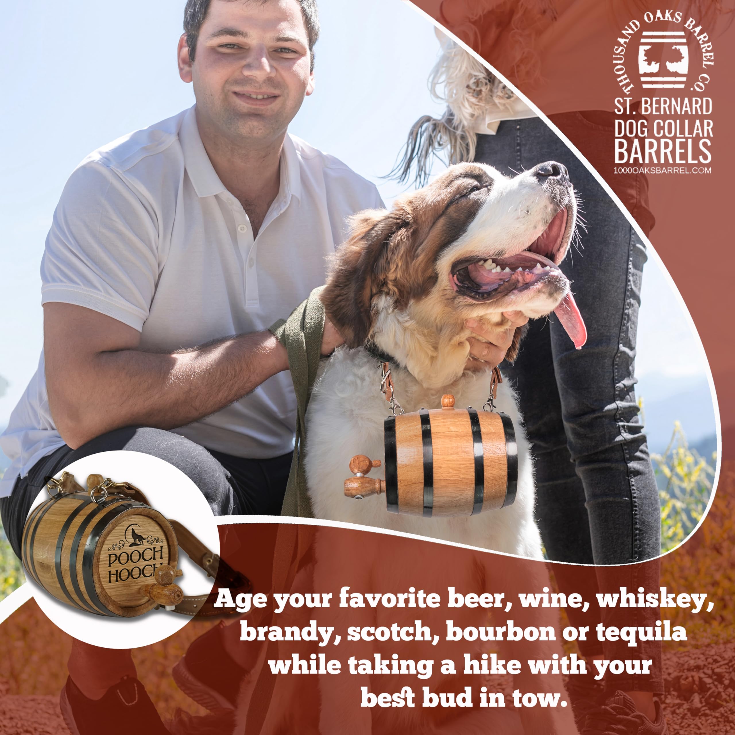 St Bernard Whiskey Barrel Collar For Dog, 'Pooch Hooch' - 1/2 Liter Oak Aging Barrel Dispenser For Saint Bernard Dogs With Adjus