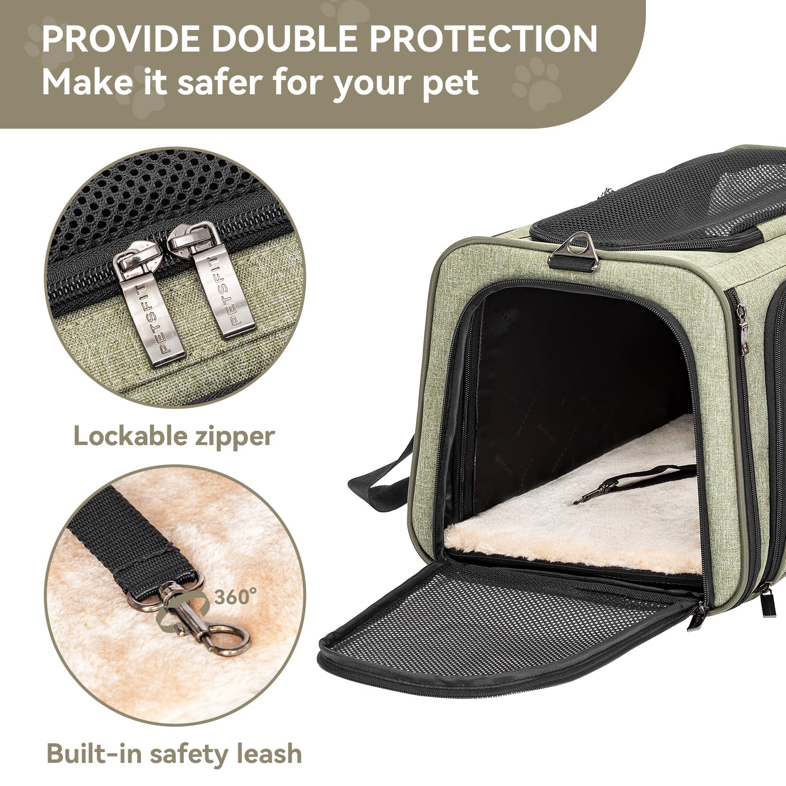 Petsfit 16 Expandable Rabbit Carrier - Airline Approved, Green, Soft Washable Cushion, Self-Locking Zipper, Built-in Safety Rope, Travel Friendly