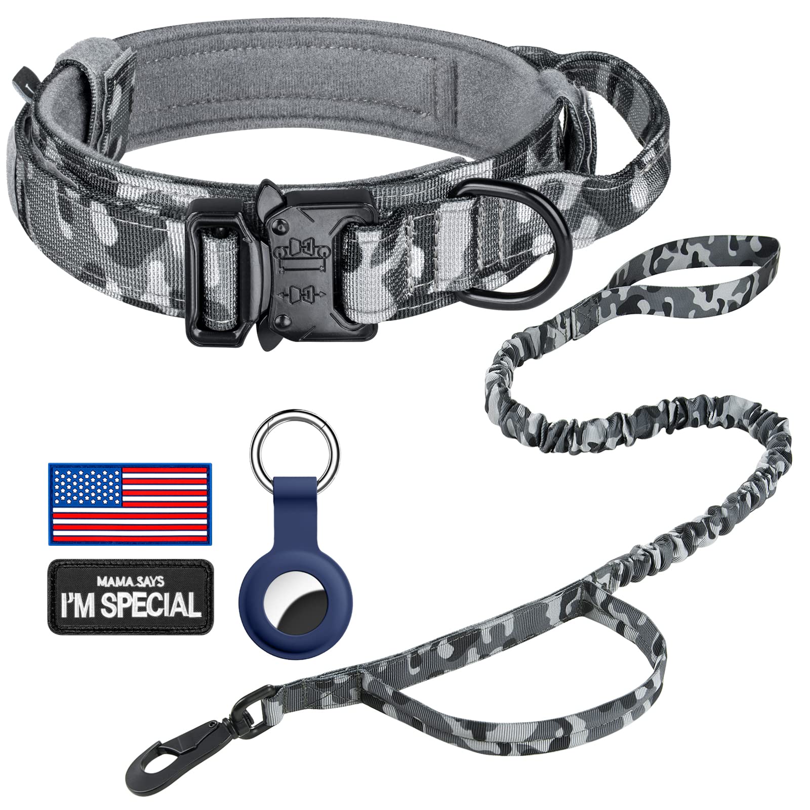 Daganxi Tactical Dog Collar, Adjustable Military Training Nylon Dog Collar With Control Handle And Heavy Metal Buckle For Medium And Large Dogs, With Patches And Airtags Case (M, Camo-Set)