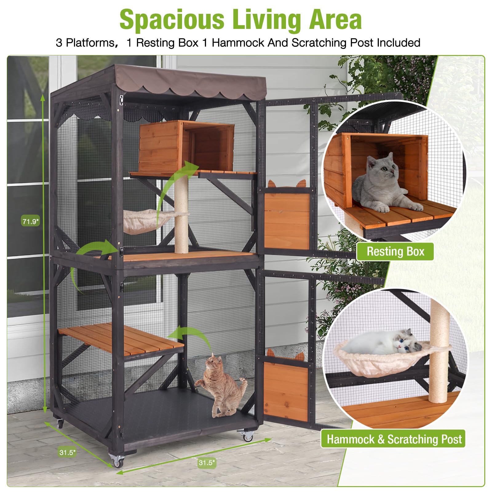 Gutinneen Catio Outdoor Cat Enclosure Mobile Cat House Indoor On Wheels With Scratch Post,Hammock,Resting Box,Platform,Tarp Roof