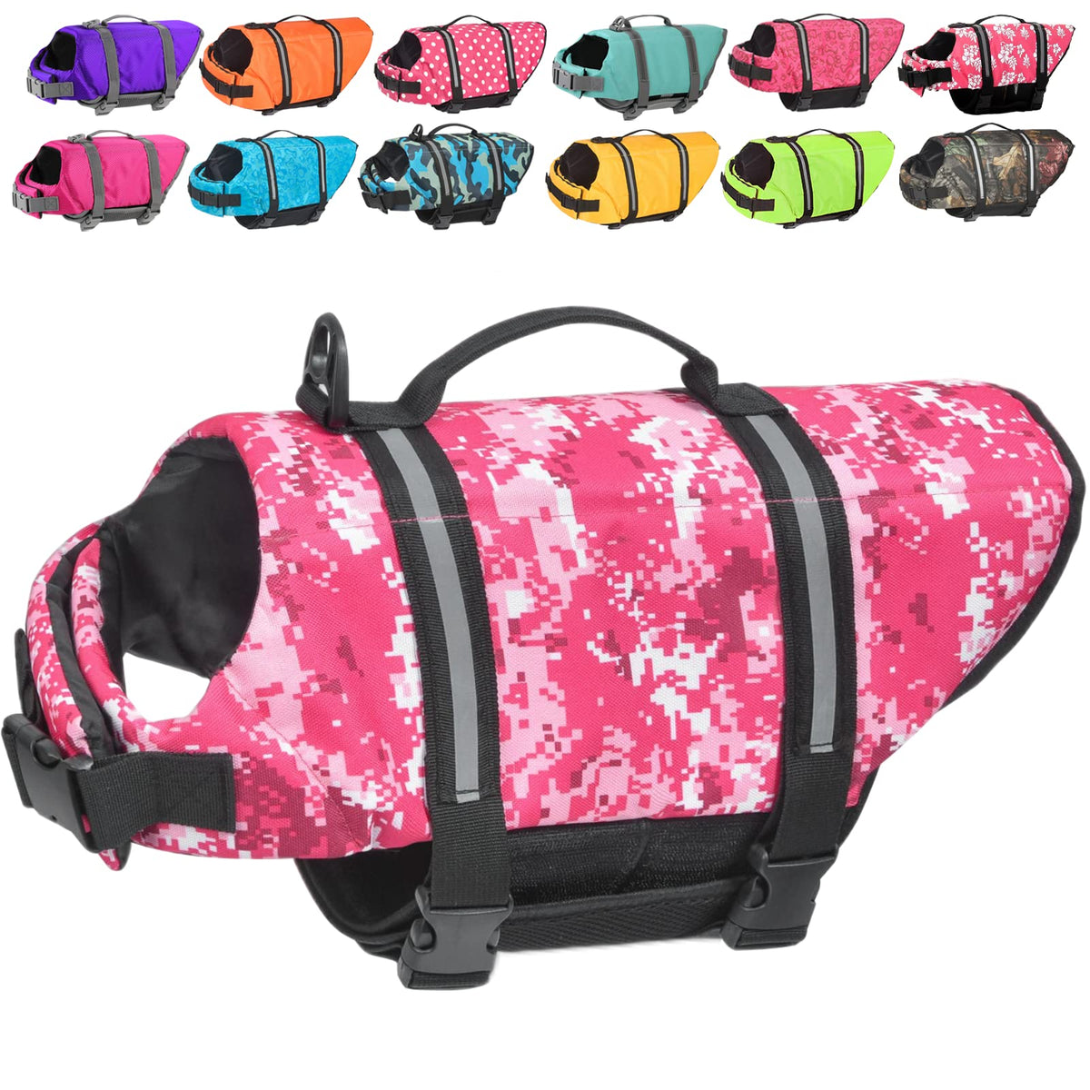 Doglay Dog Life Jacket, Dog Life Vest With Reflective Stripes, Adjustable Dog Lifesaver Pet Life Preserver With High Buoyancy Swimsuit For Small Medium And Large Dogs (Medium, Pink Camo)