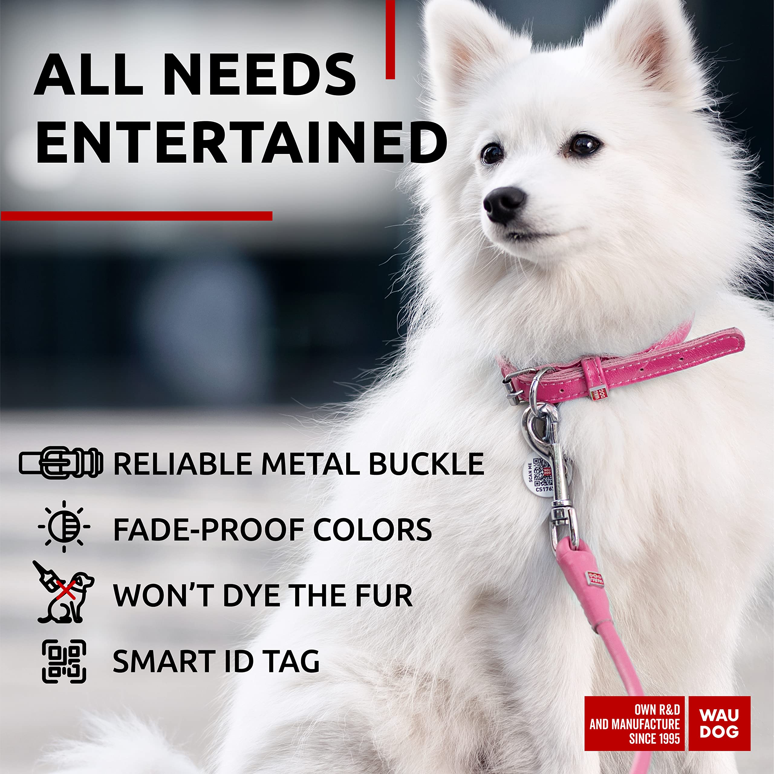 Waudog Leather Dog Collar, Soft Padded, Adjustable, For Small, Medium & Large Dogs, Ideal For Outdoor Use, Great Gift, Pink