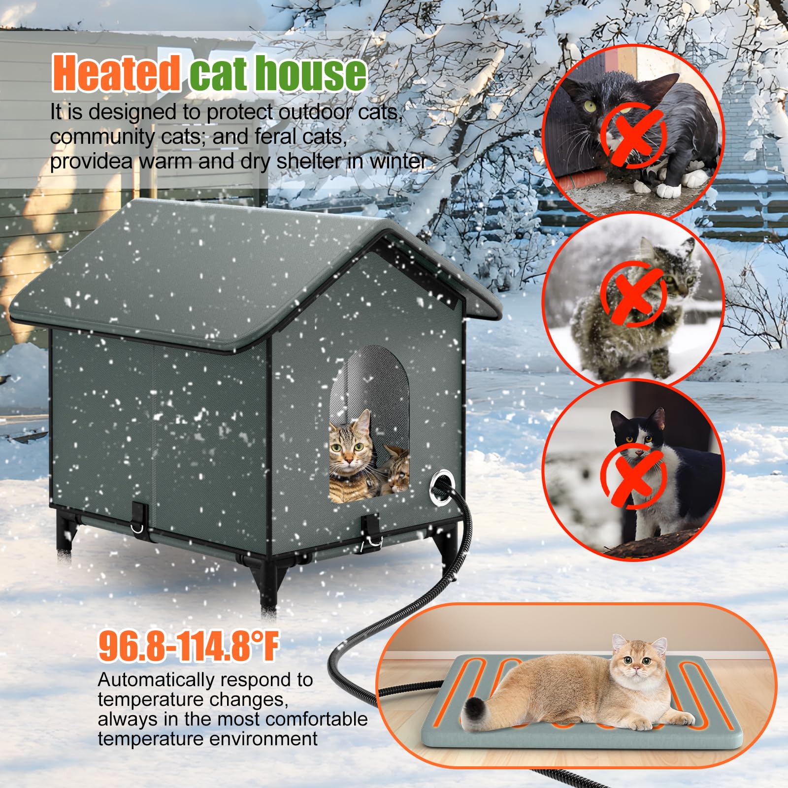 Large Size Heated Cat House For Outside, Outdoor Cat House For Winter Insulated Waterproof With Pet Heating Pad Suitable For Str