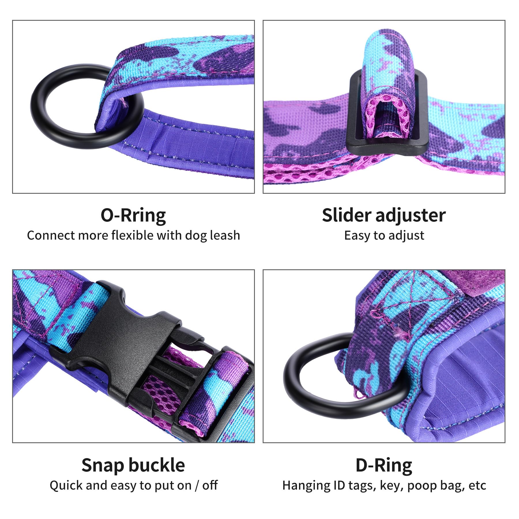 Annchwool No Pull Dog Harness with Padded Handle & Leash, XL, Camo Purple Set, Escape Proof, Easy Fit for Small to Large Dogs