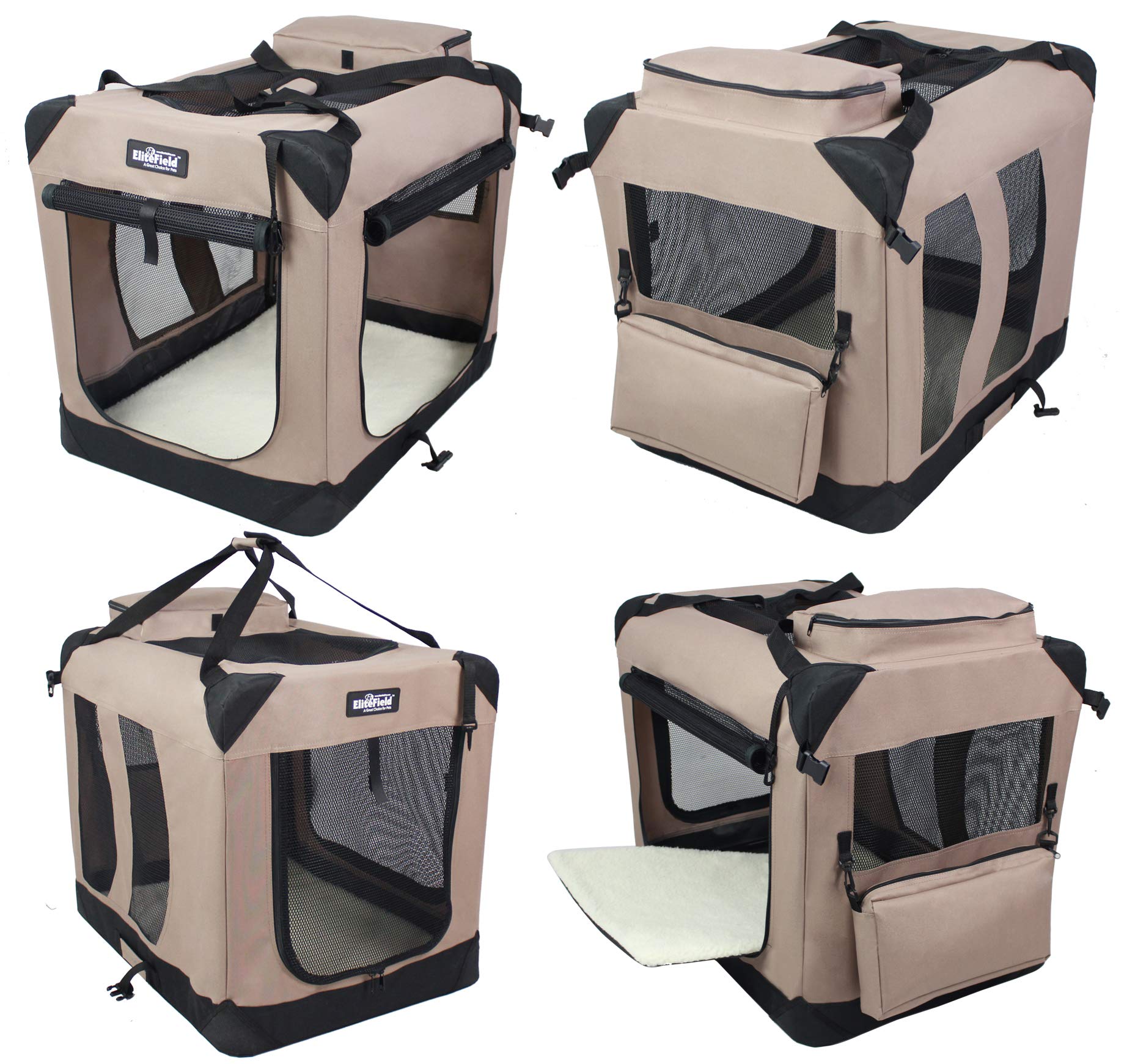 Elitefield 3-Door Folding Soft Dog Crate With Carrying Bag And Fleece Bed (2 Year Warranty), Indoor & Outdoor Pet Home (20' L X 14' W X 14' H, Khaki)
