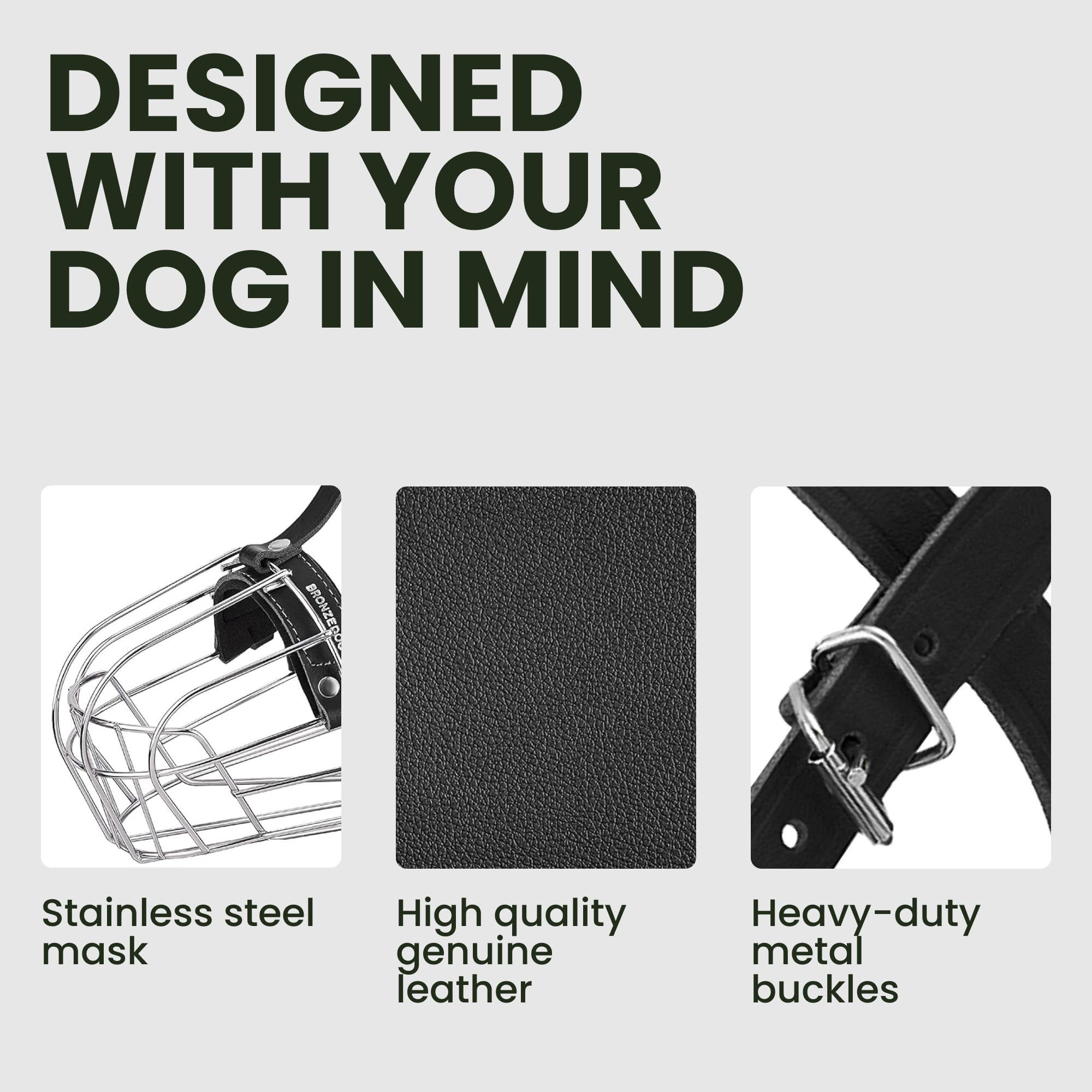 Bronzedog Dog Muzzle Adjustable Durable Metal Wire Basket For Large And Extra Large Dogs With Leather Straps Breathable, Drinkable, Training, Prevents Biting (Stainless Steel, Rottweiler)