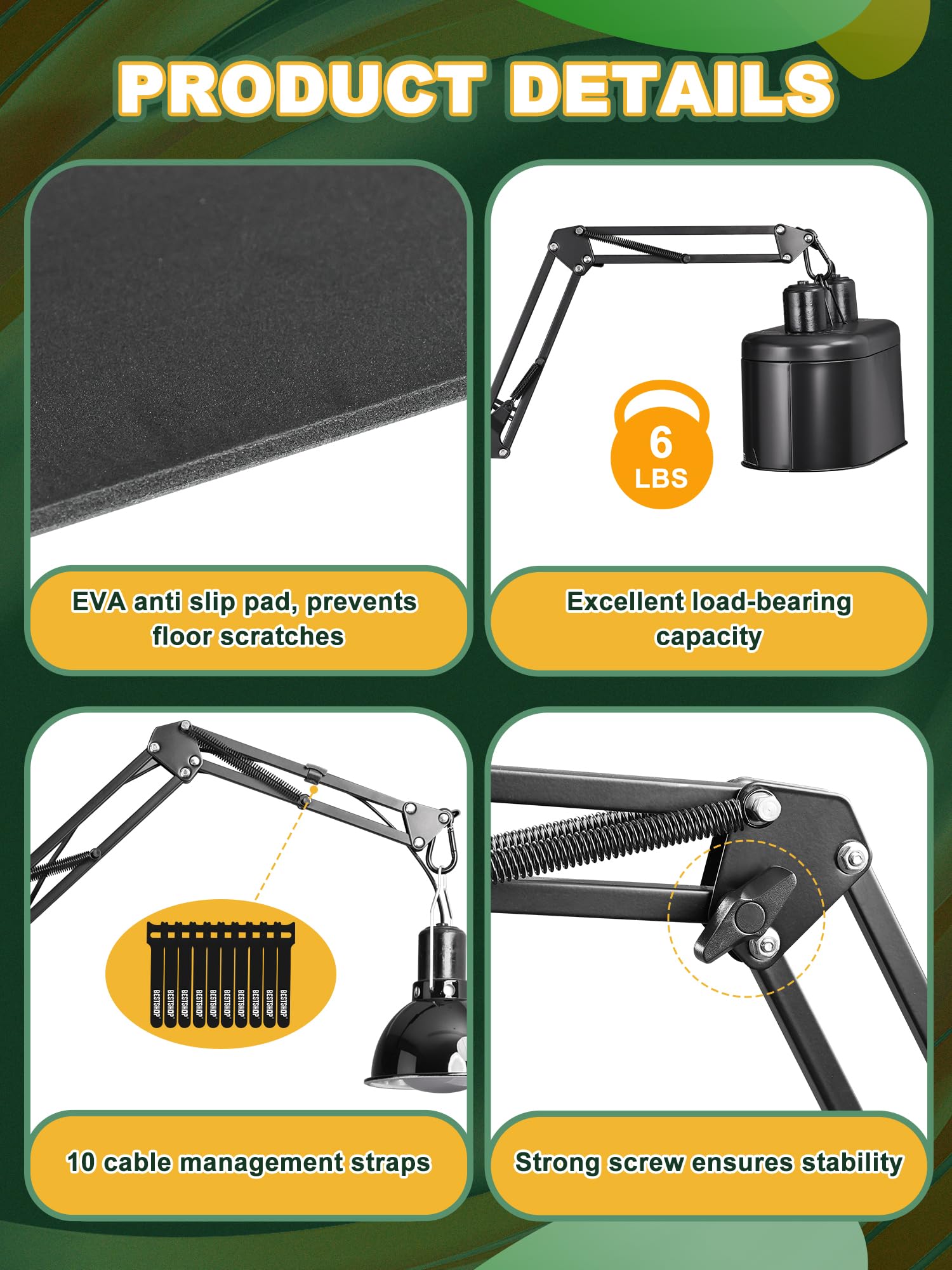 Bestshop Dual Reptile Lamp Stand, Heat Lamp Stand (15.7 To 74.3 Inch) With 2 Adjustable 360 Swing Arms For Terrarium, Reptile He