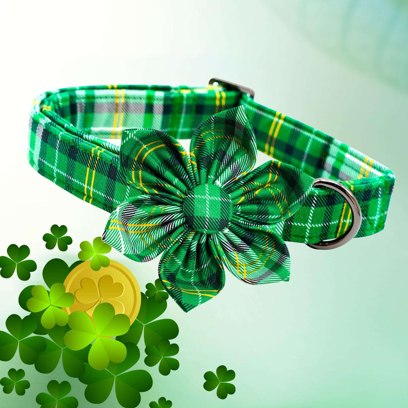 Lionheart Glory St. Patrick'S Day Dog Collar With Flower Dog Collar For Large Dogs, Green Plaid Collars Spring Dog Collar Flower